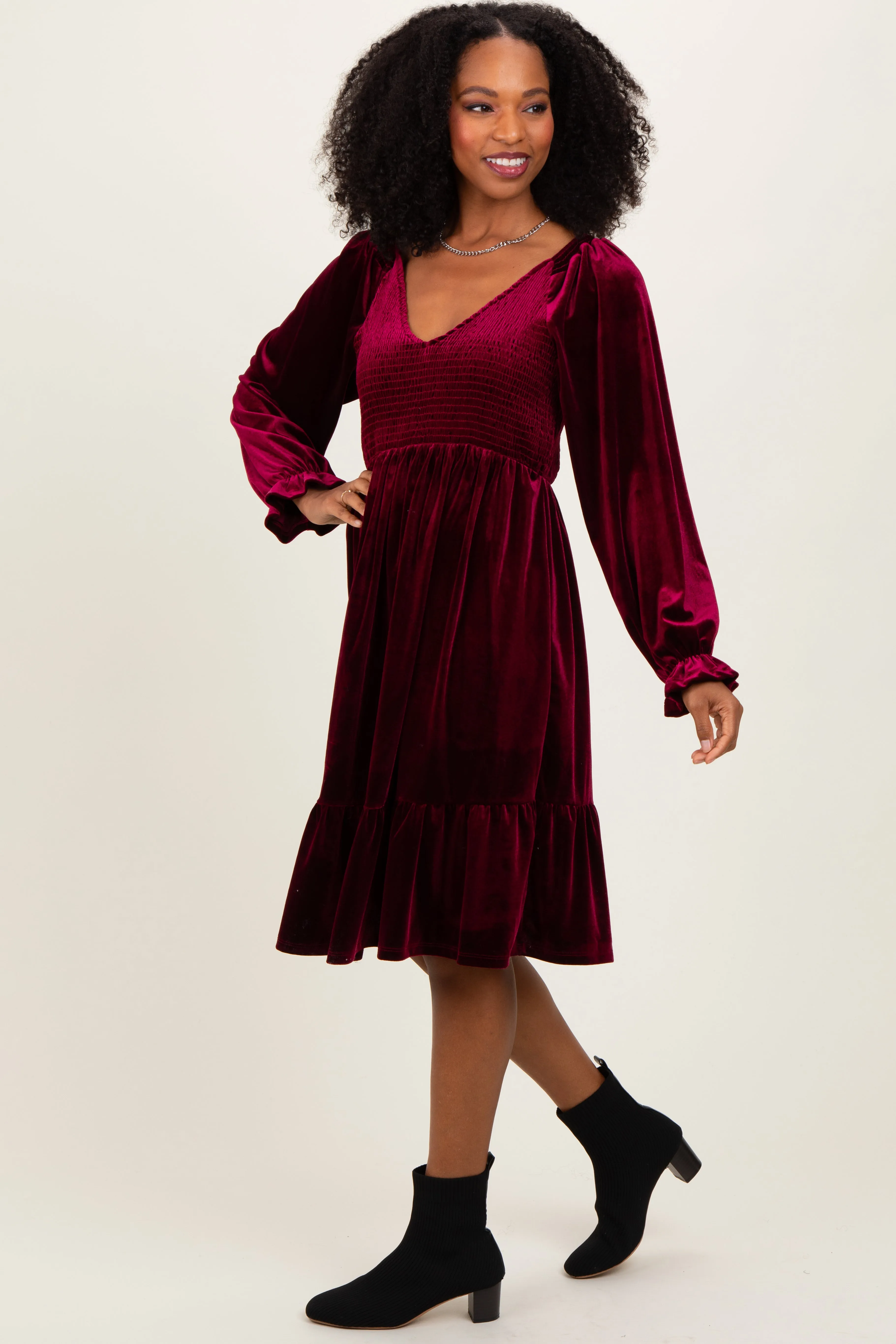 Burgundy Velvet Smocked Long Sleeve Dress sold by Pinkblush product image thumbnail 2