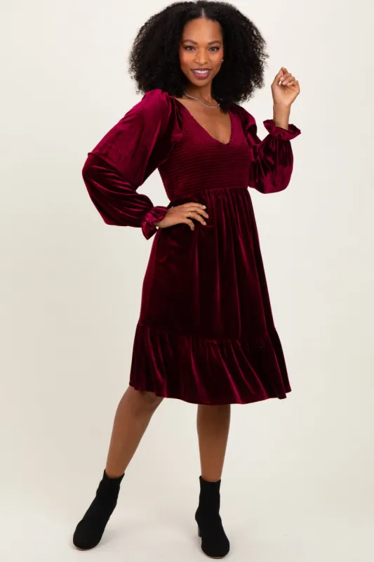 Burgundy Velvet Smocked Long Sleeve Dress sold by Pinkblush