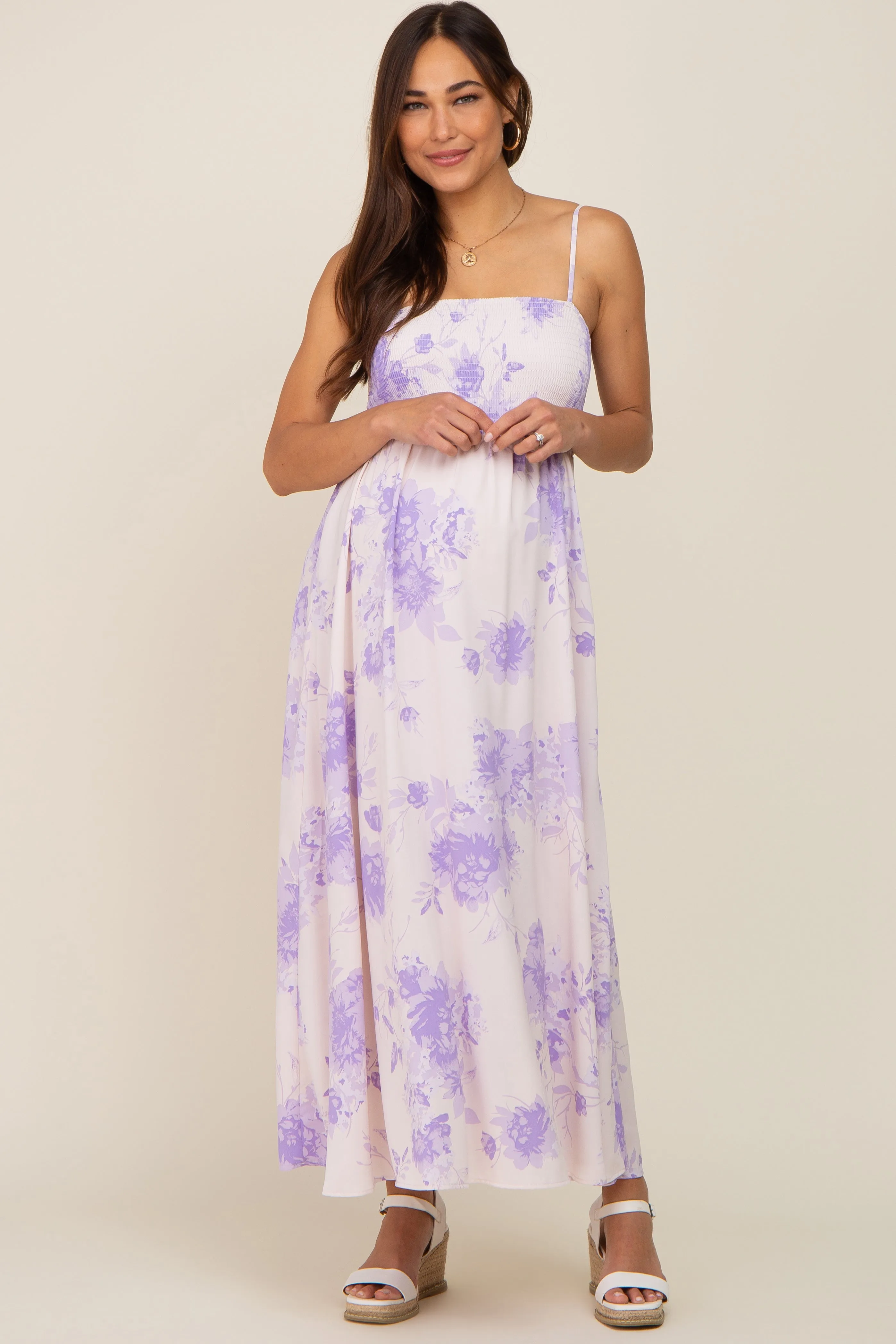 Lavender Floral Sleeveless Smocked Maternity Maxi Dress sold by Pinkblush product image thumbnail 4