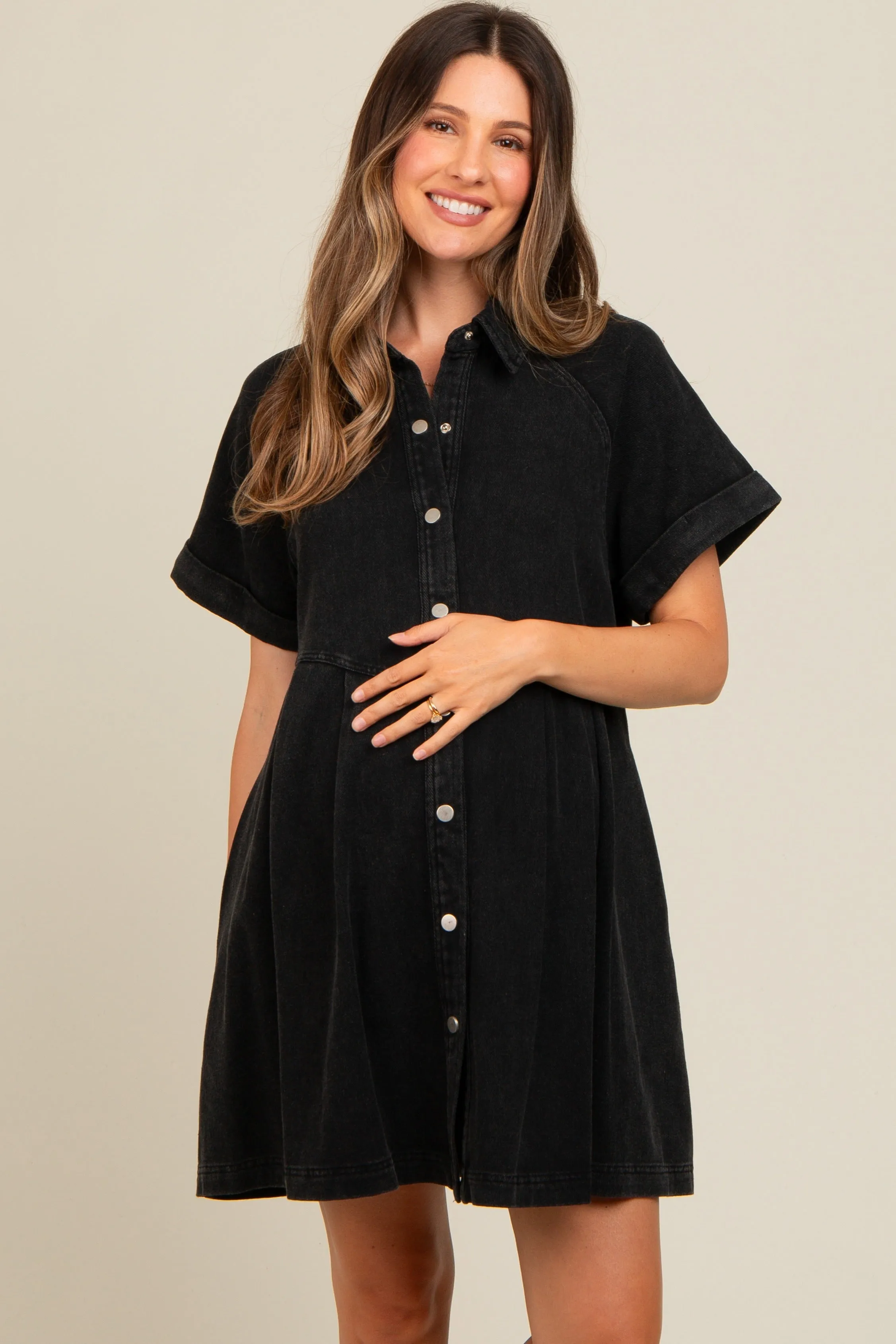 Black Denim Button Down Maternity Mini Dress sold by Pinkblush product image thumbnail 2