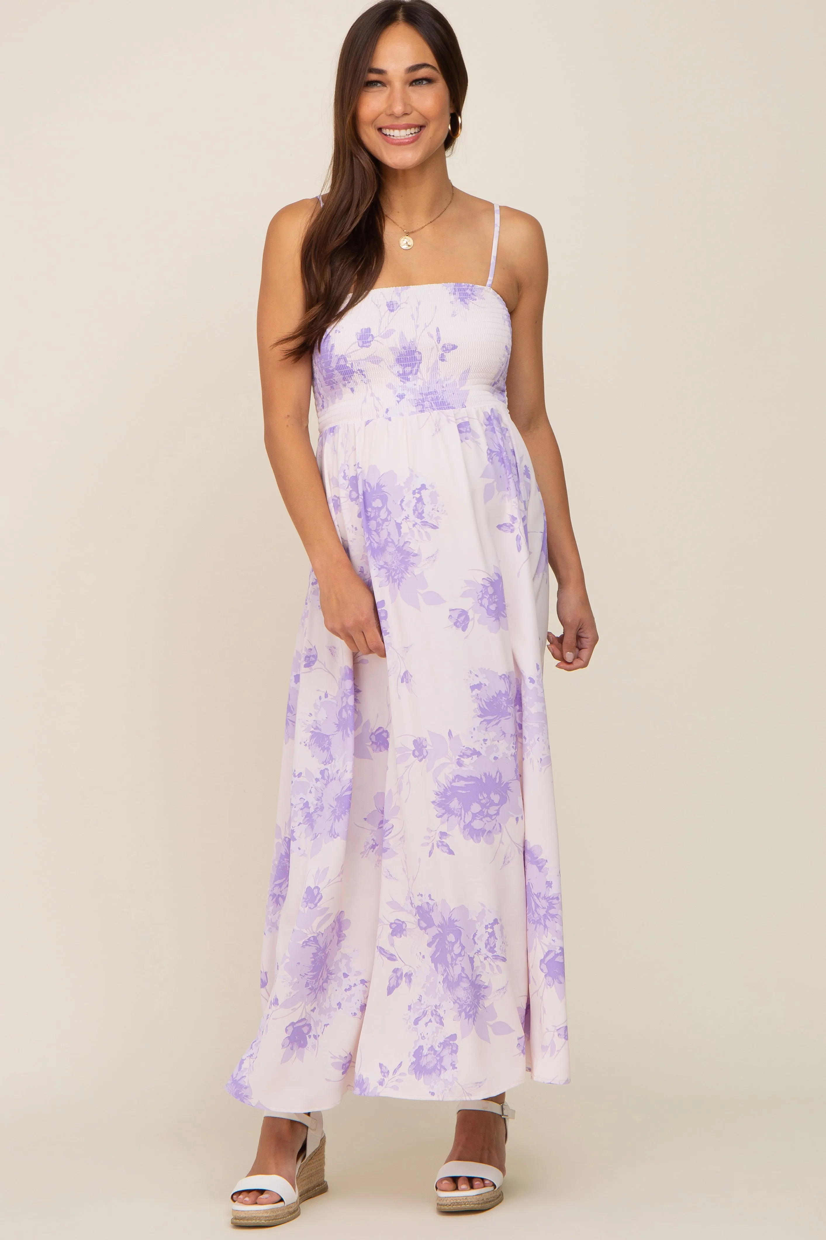 Lavender Floral Sleeveless Smocked Maternity Maxi Dress sold by Pinkblush