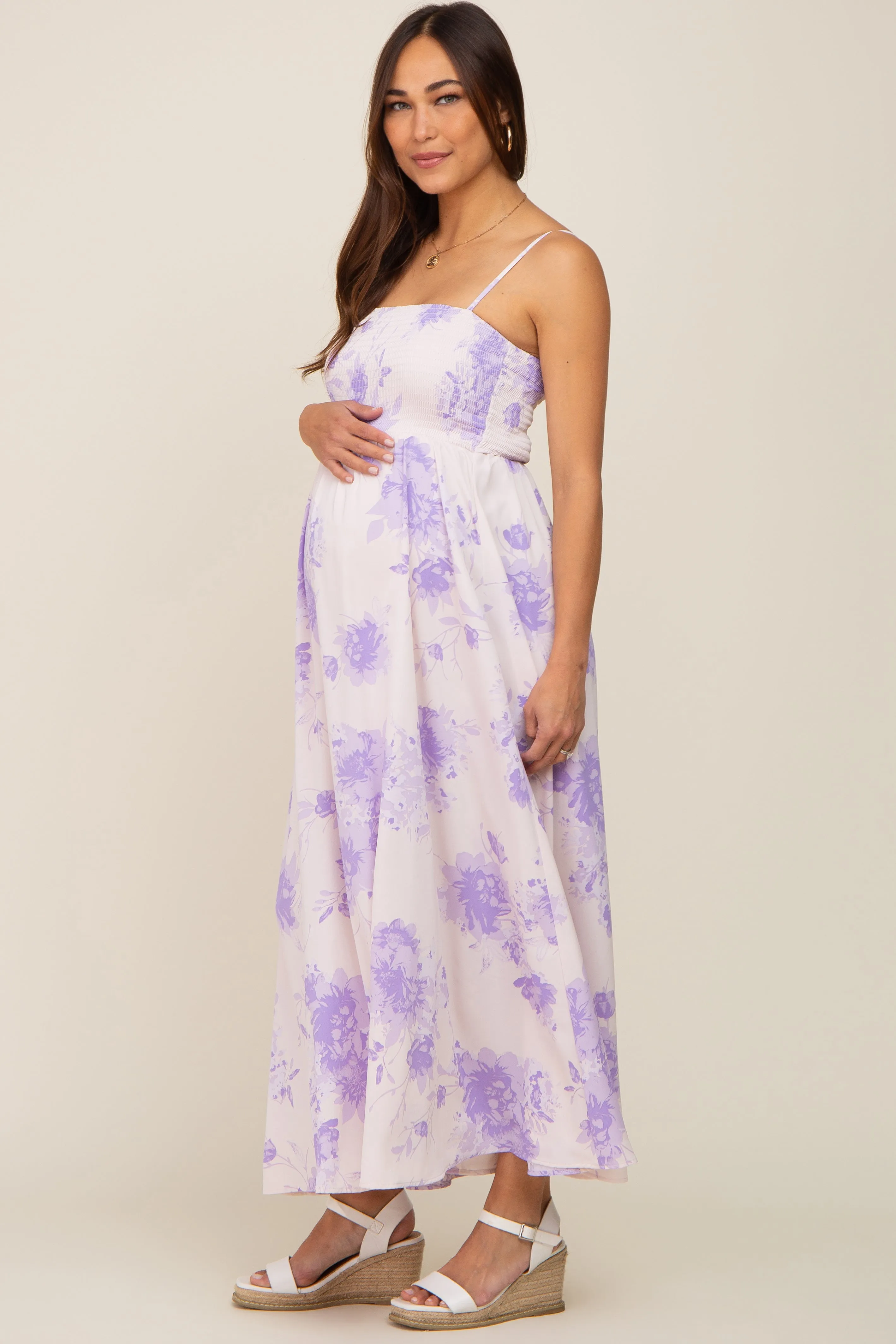 Lavender Floral Sleeveless Smocked Maternity Maxi Dress sold by Pinkblush product image thumbnail 2