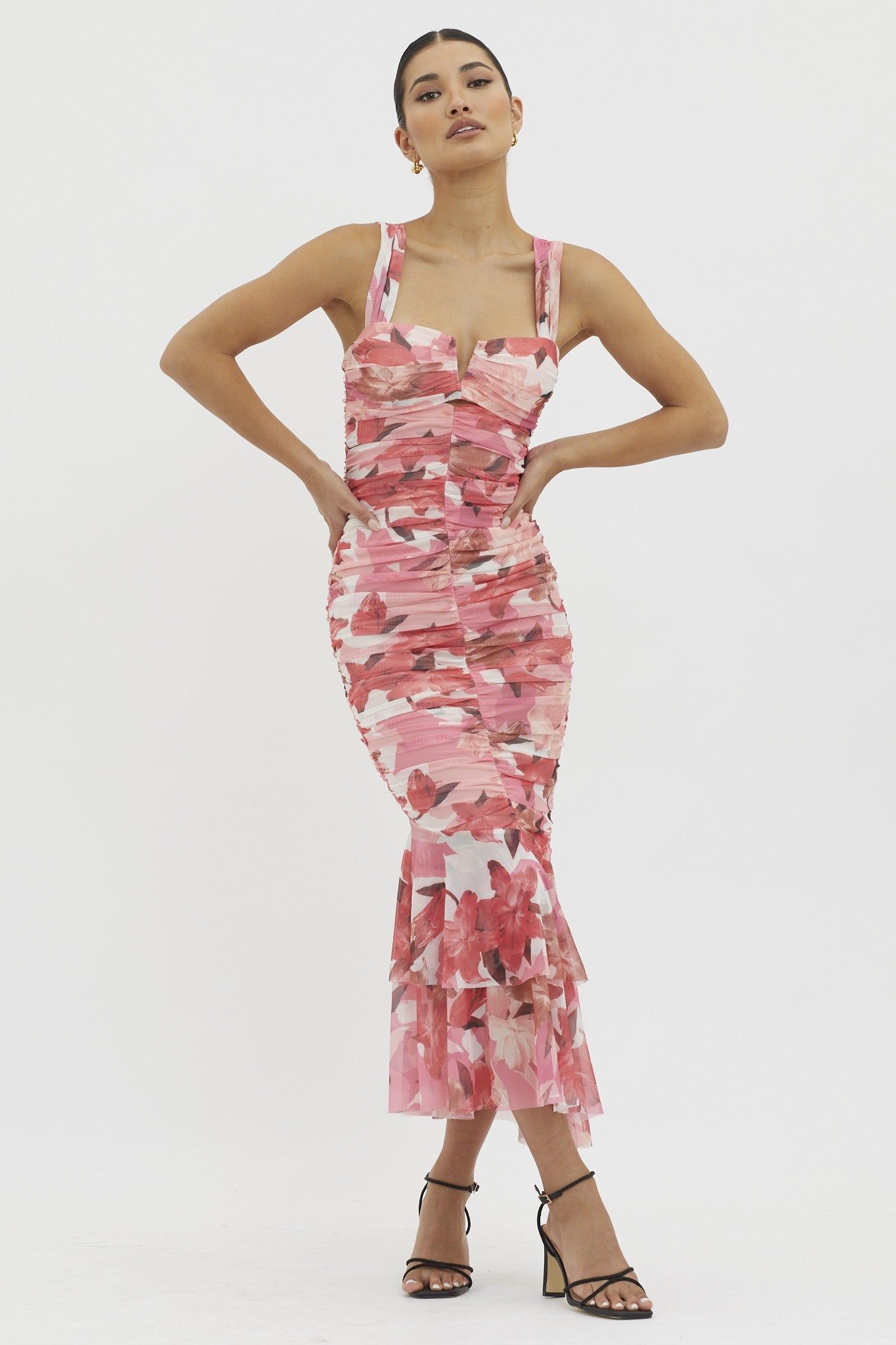 Pink Floral Print V Bust Line Midi Dress sold by Pinkblush