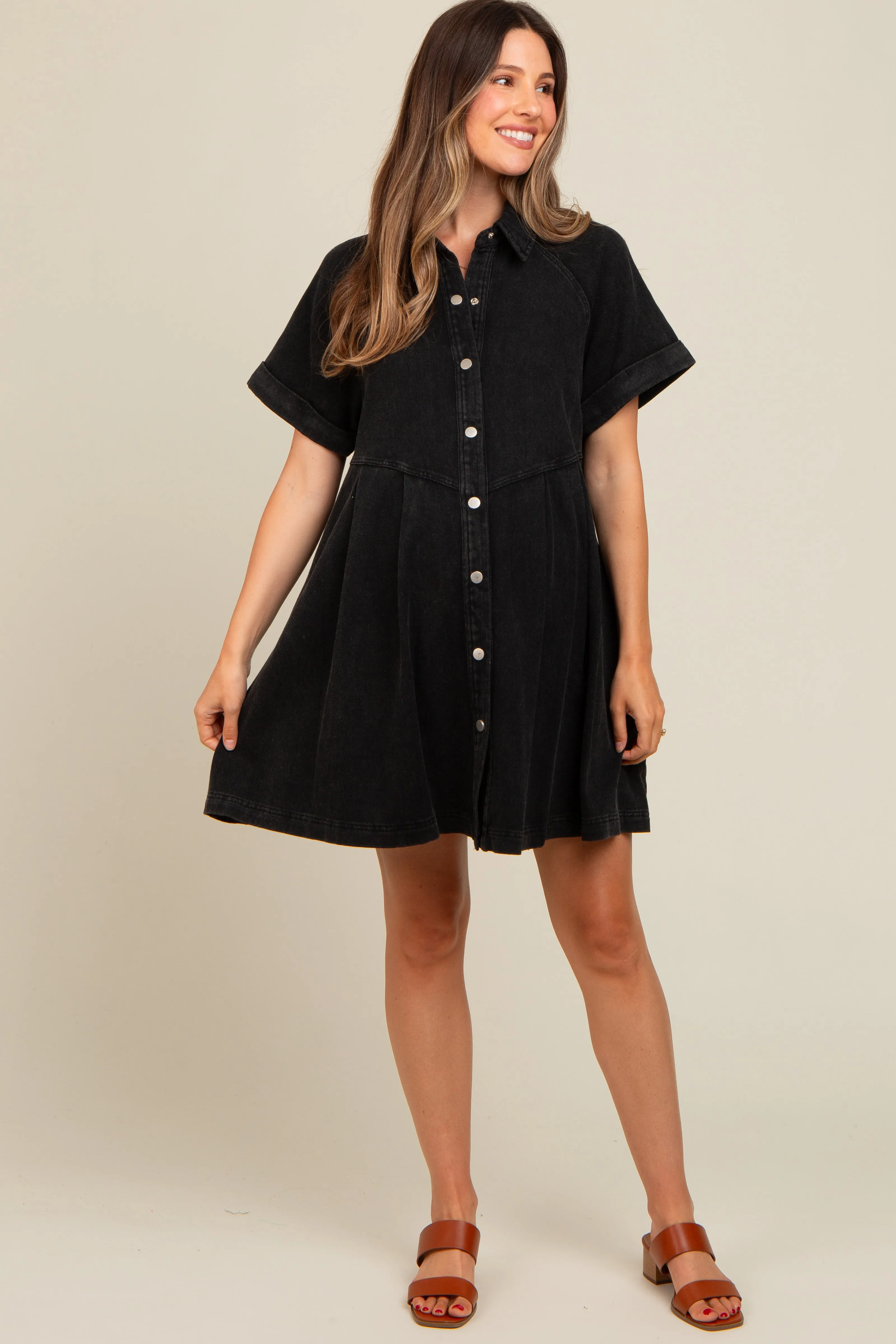 Black Denim Button Down Maternity Mini Dress sold by Pinkblush