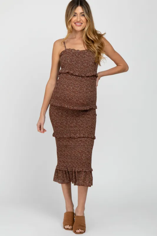 Burgundy Floral Print Smocked Fitted Maternity Midi Dress sold by Pinkblush