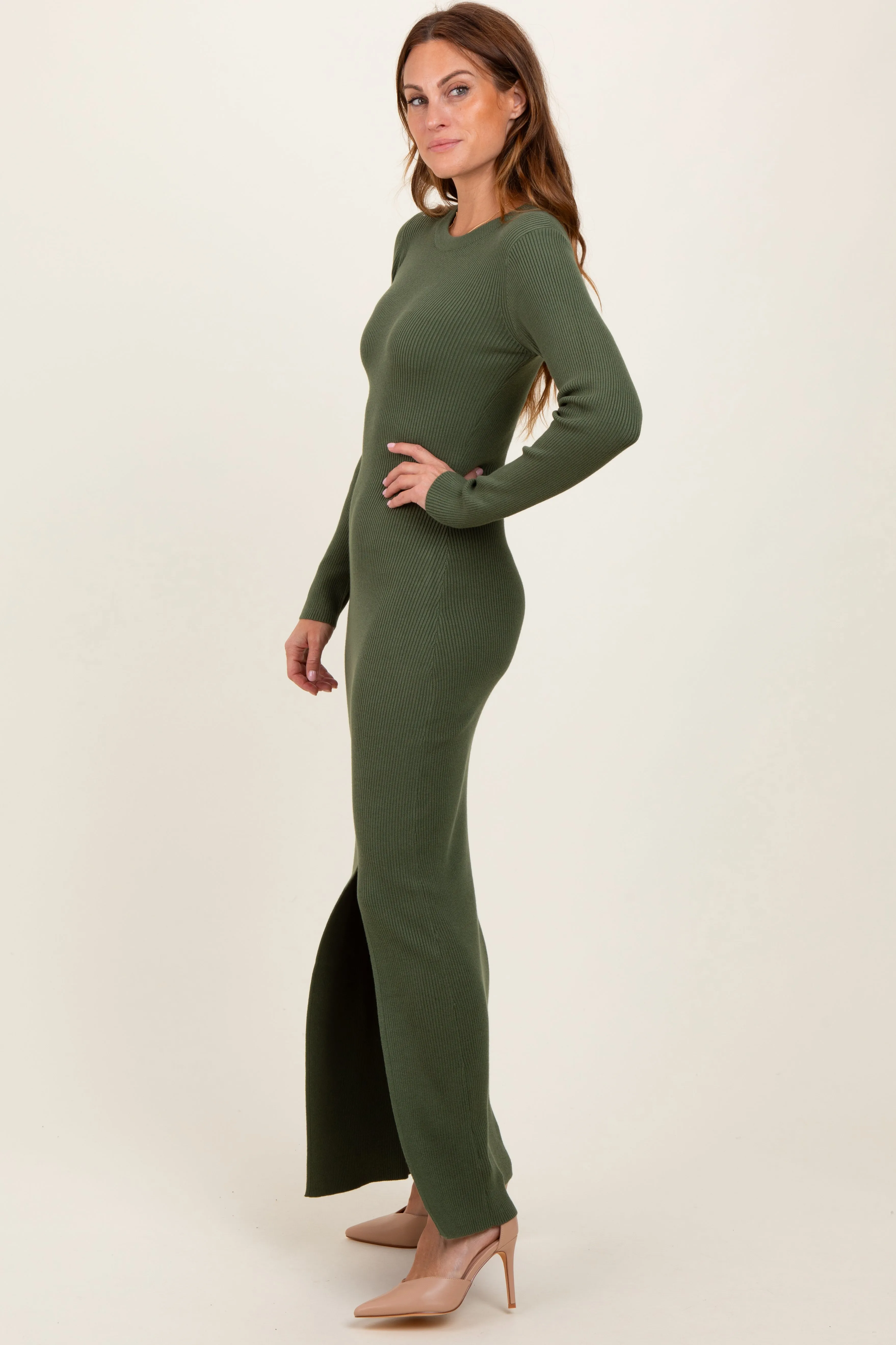 Olive Ribbed Knit Long Sleeve Side Slit Maxi Dress sold by Pinkblush product image thumbnail 3