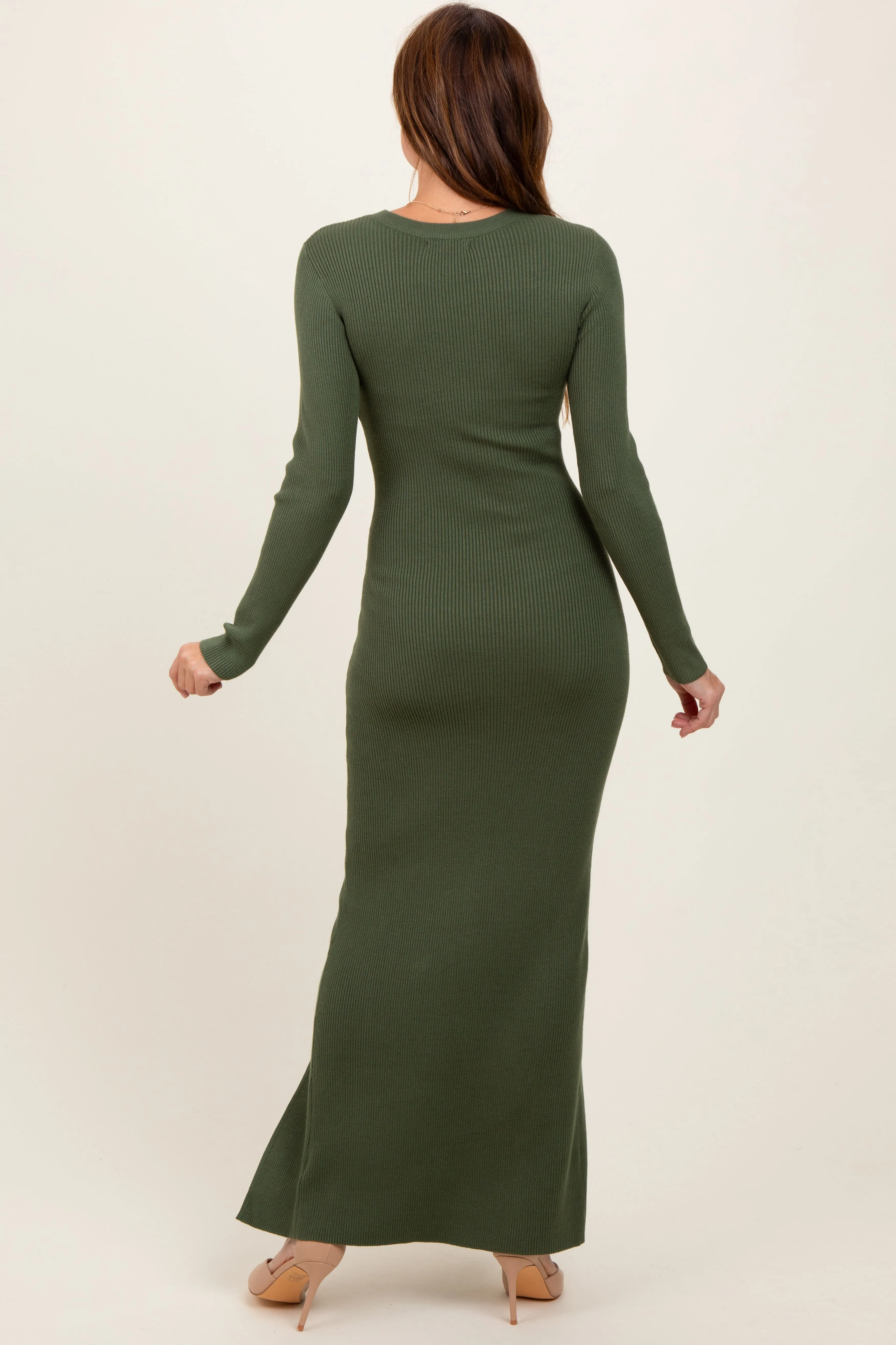 Olive Ribbed Knit Long Sleeve Side Slit Maxi Dress sold by Pinkblush product image thumbnail 4