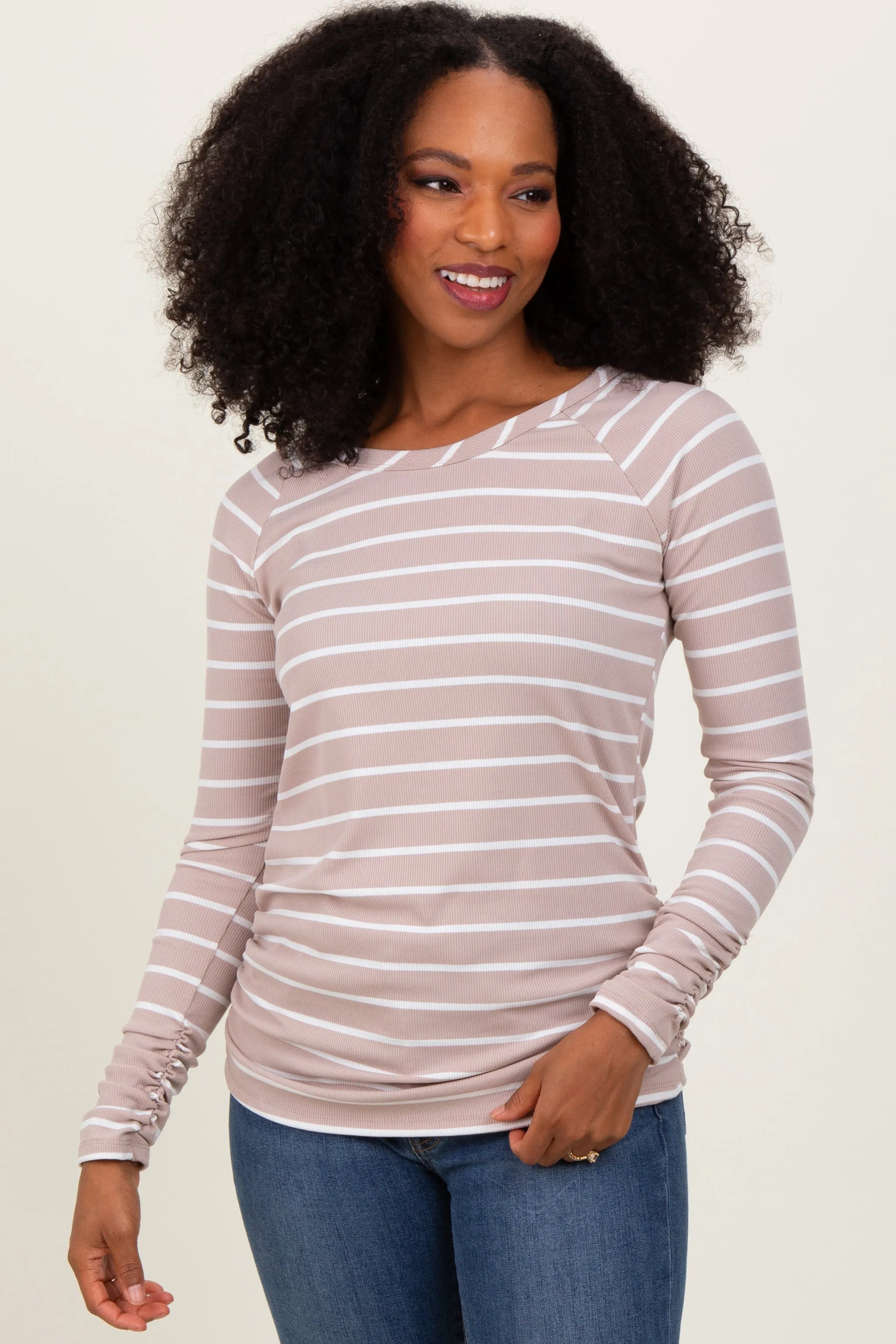 Beige Striped Ruched Side Maternity Long Sleeve Top sold by Pinkblush product image thumbnail 4