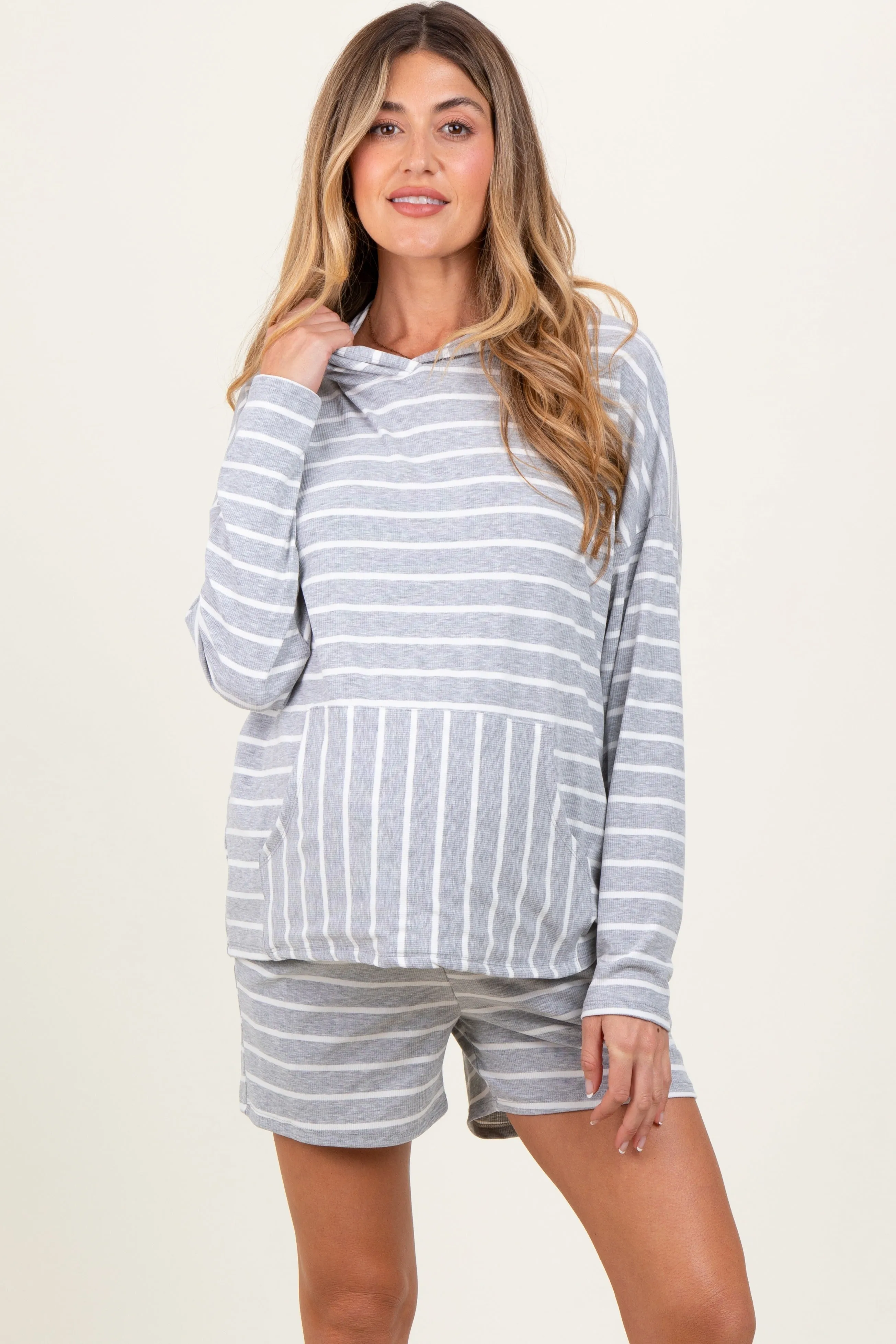 Heather Grey Cozy Striped Ribbed Two-Piece Maternity Lounge Set sold by Pinkblush