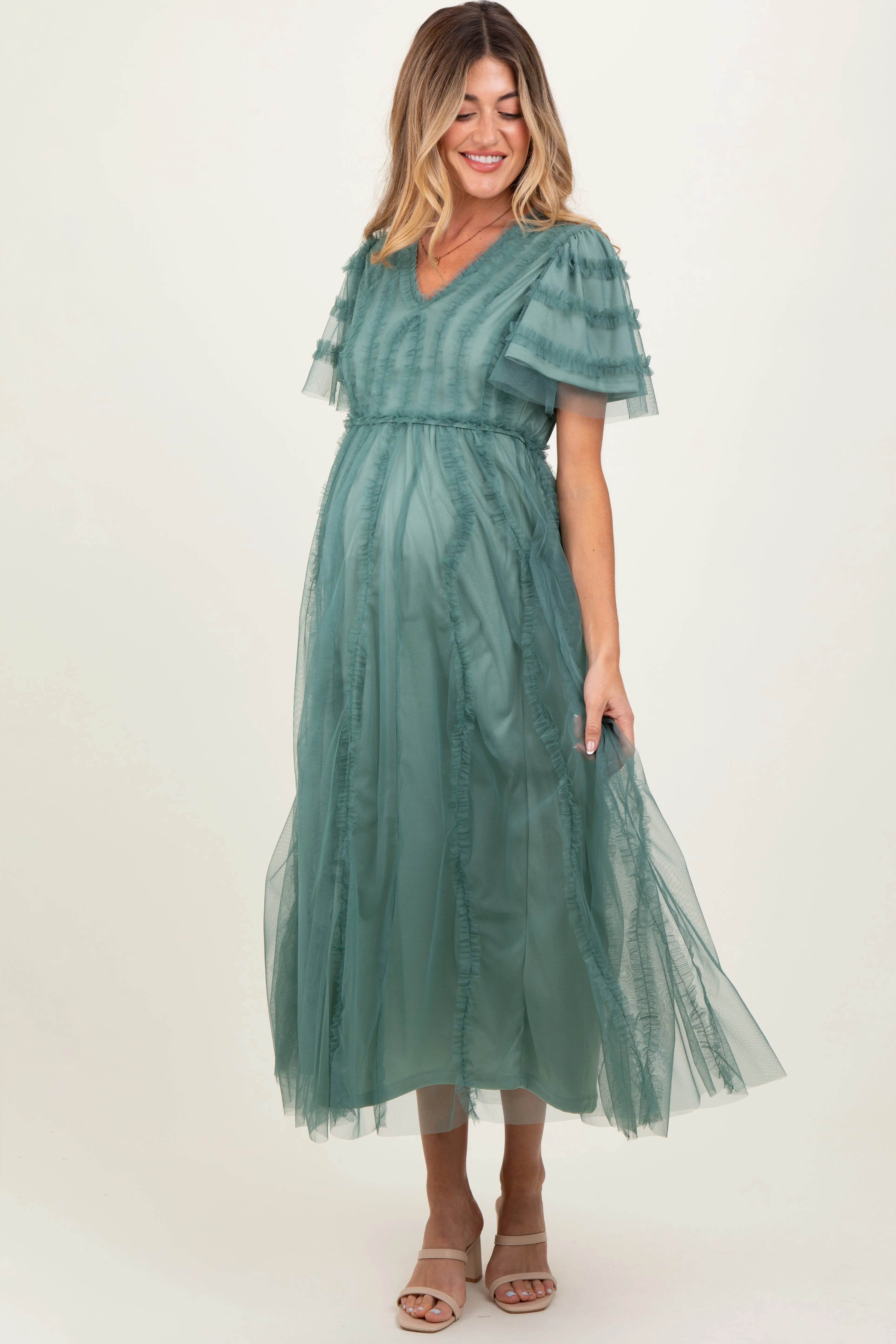 Teal Ruffle Accent Mesh Overlay Maternity Maxi Dress sold by Pinkblush