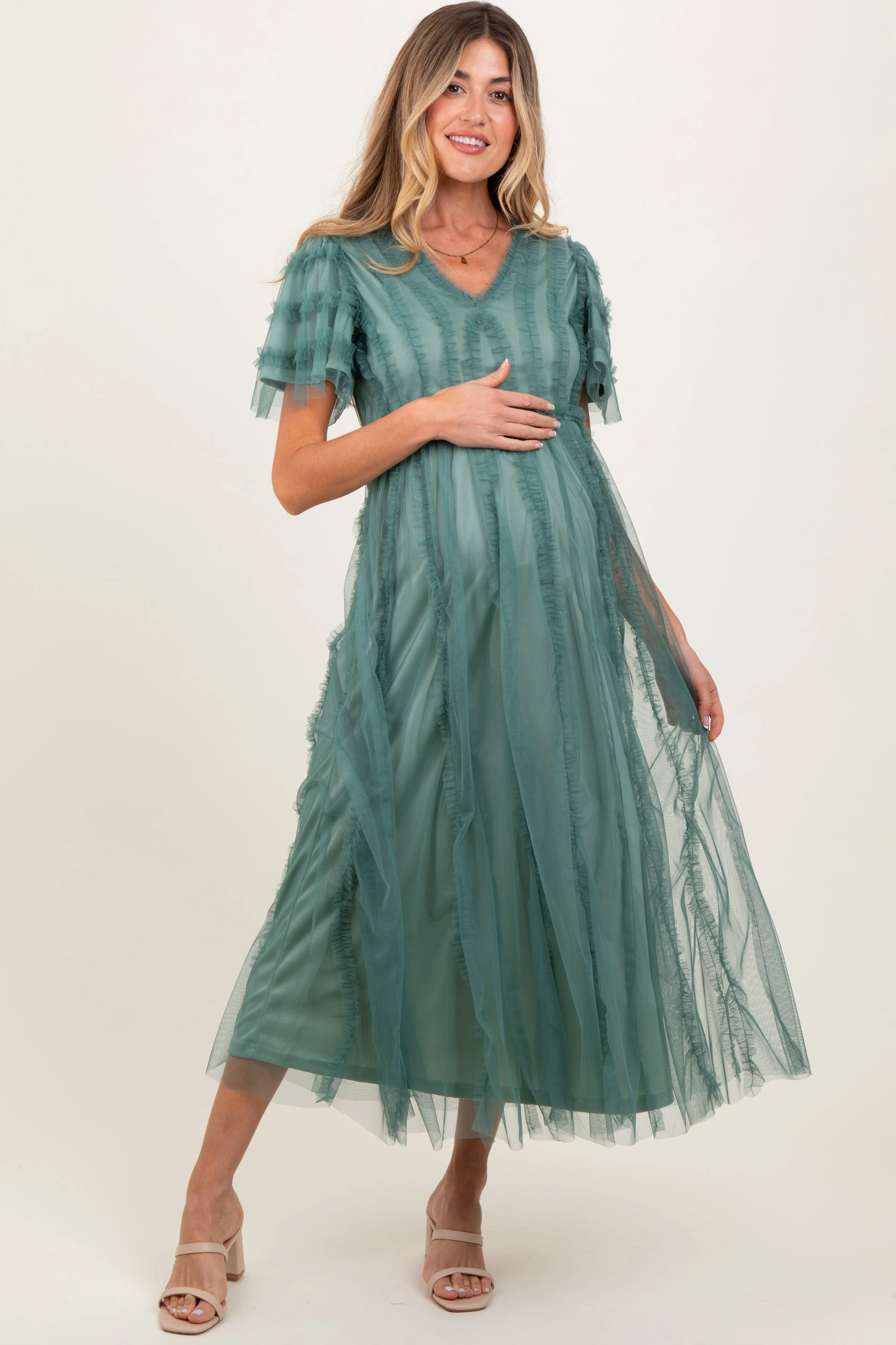 Teal Ruffle Accent Mesh Overlay Maternity Maxi Dress sold by Pinkblush product image thumbnail 2