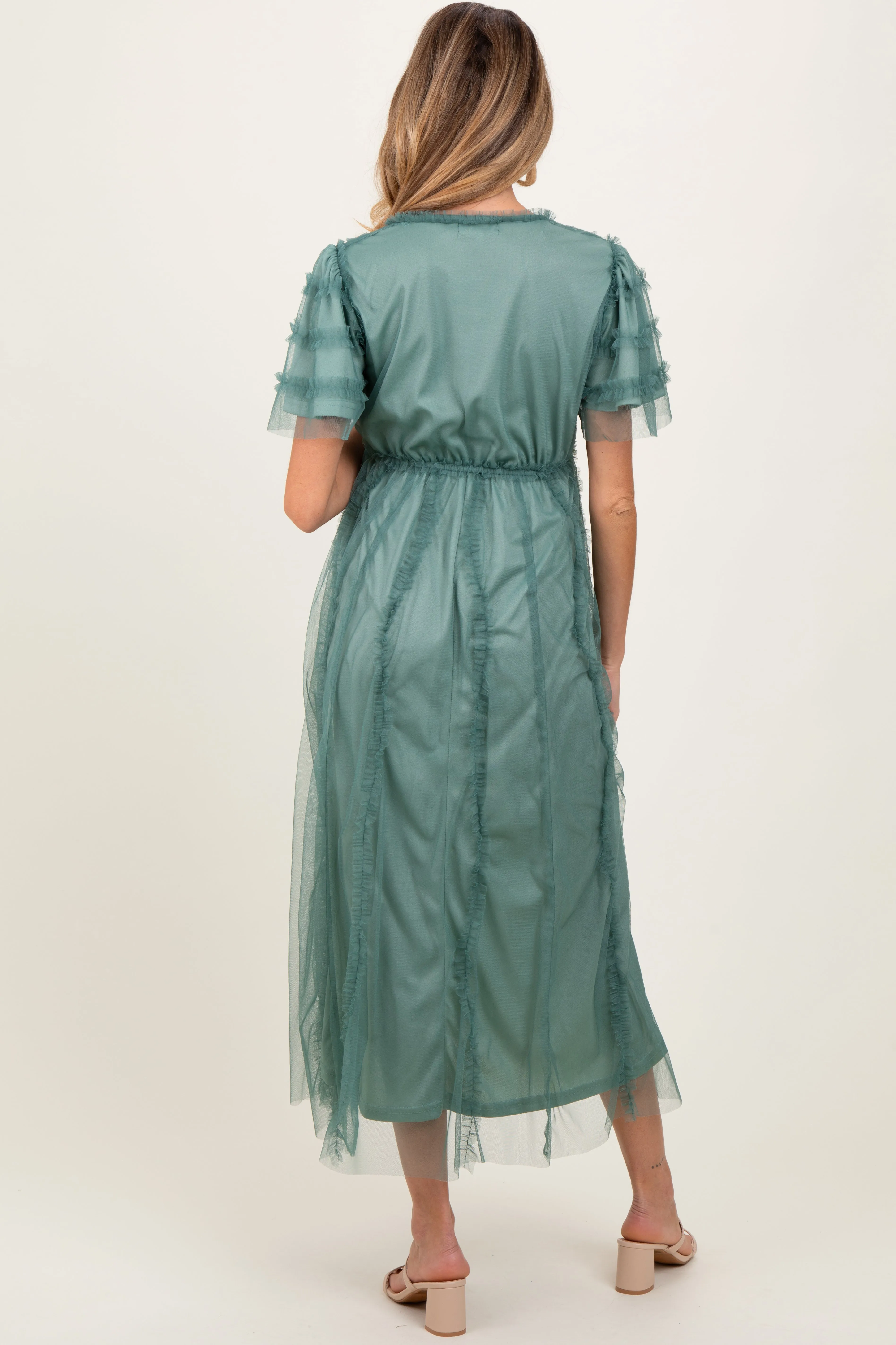 Teal Ruffle Accent Mesh Overlay Maternity Maxi Dress sold by Pinkblush product image thumbnail 3