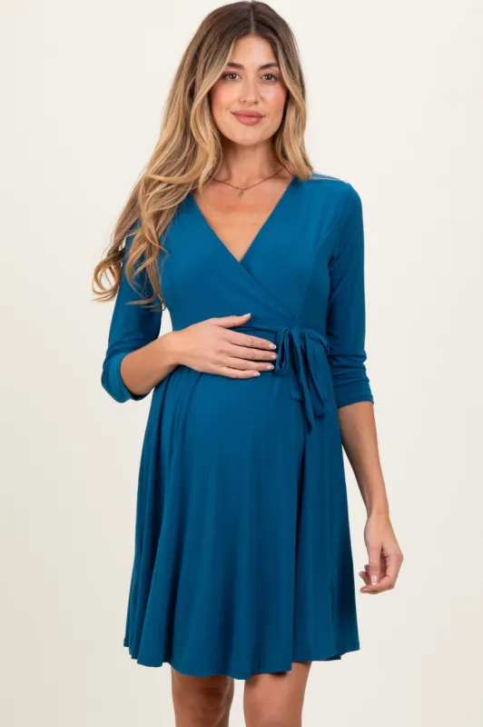 Teal 3/4 Sleeve Maternity/Nursing Sash Tie Wrap Dress sold by Pinkblush