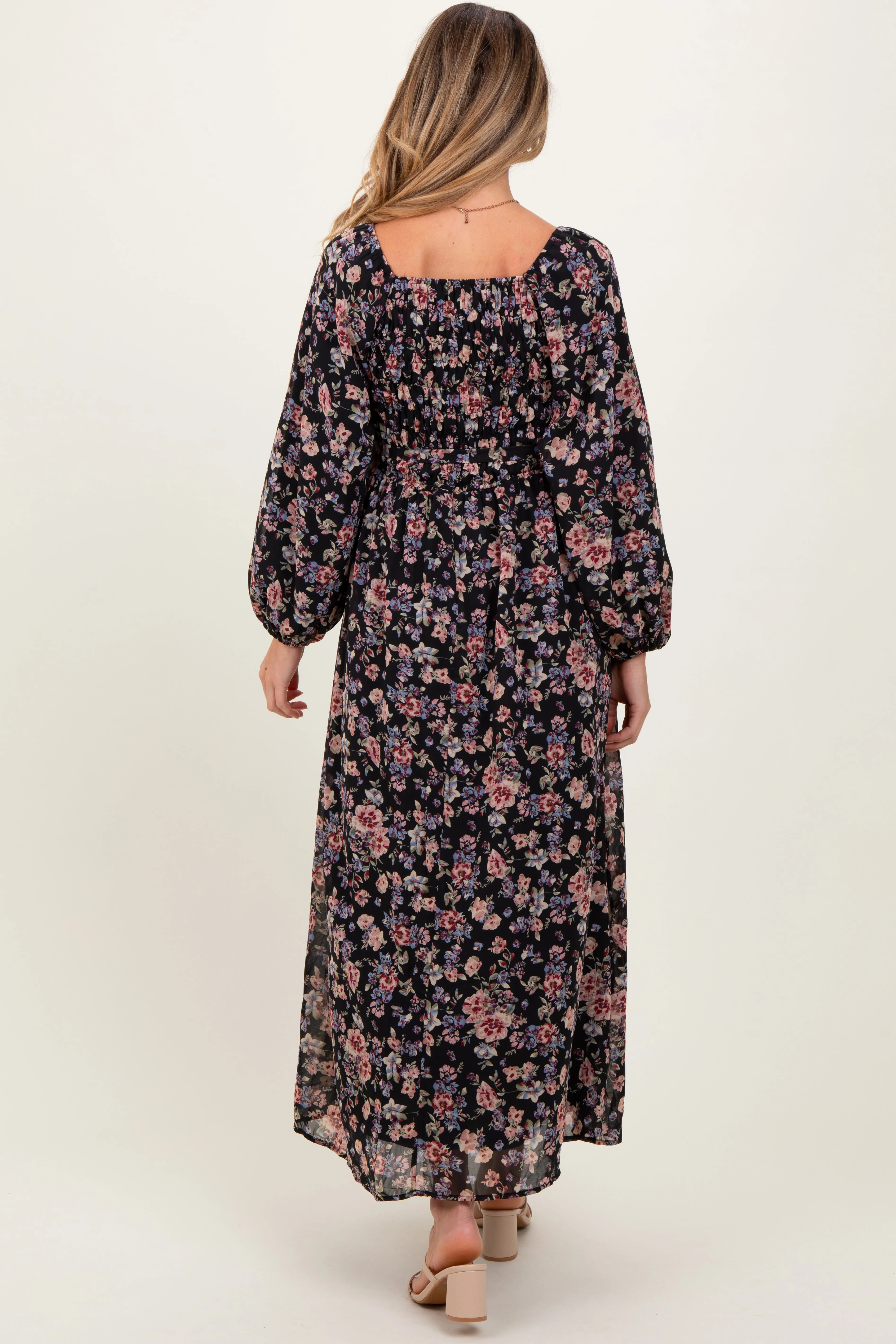 Black Floral Square Neck Front Tie Maternity Midi Dress sold by Pinkblush product image thumbnail 3
