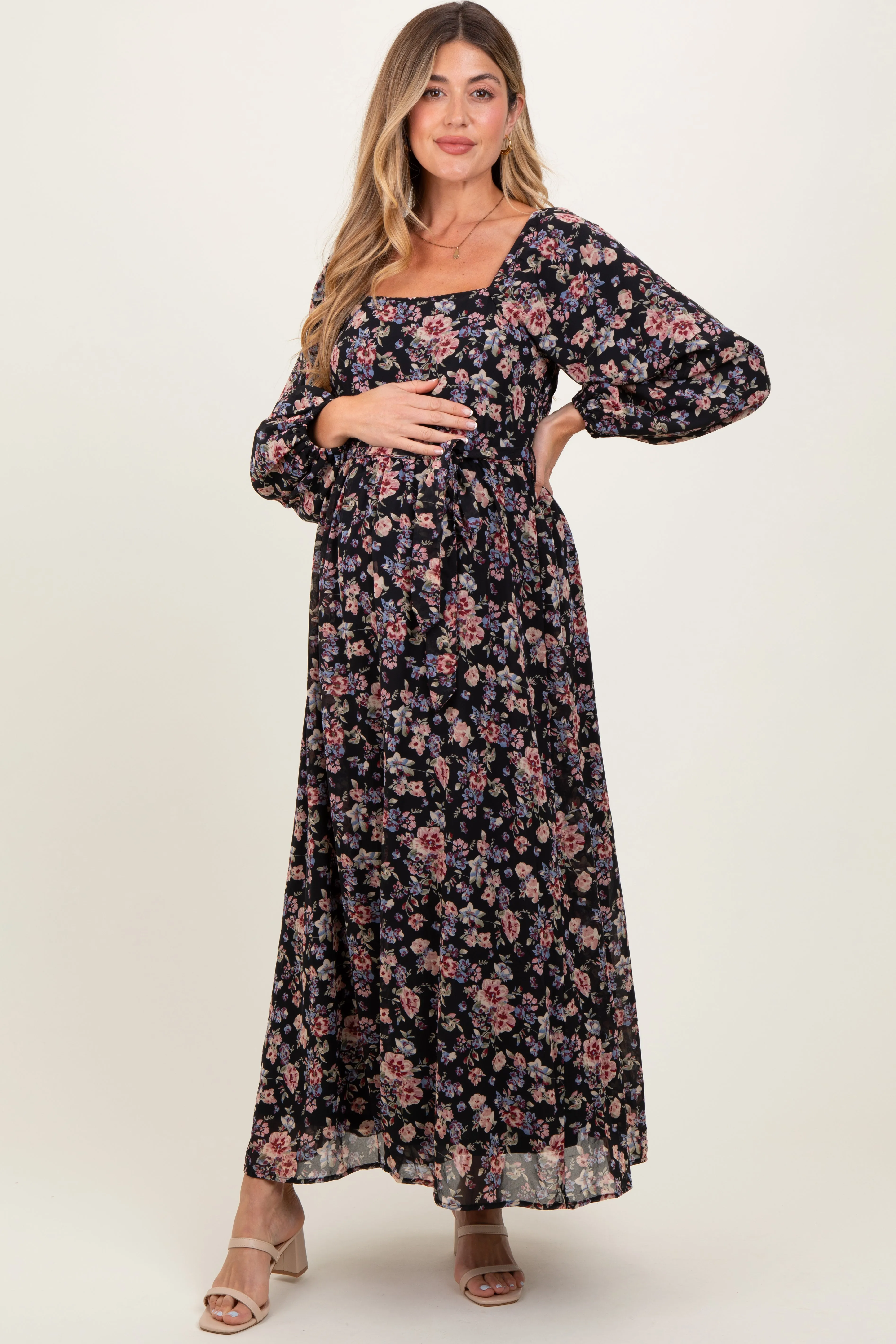 Black Floral Square Neck Front Tie Maternity Midi Dress sold by Pinkblush