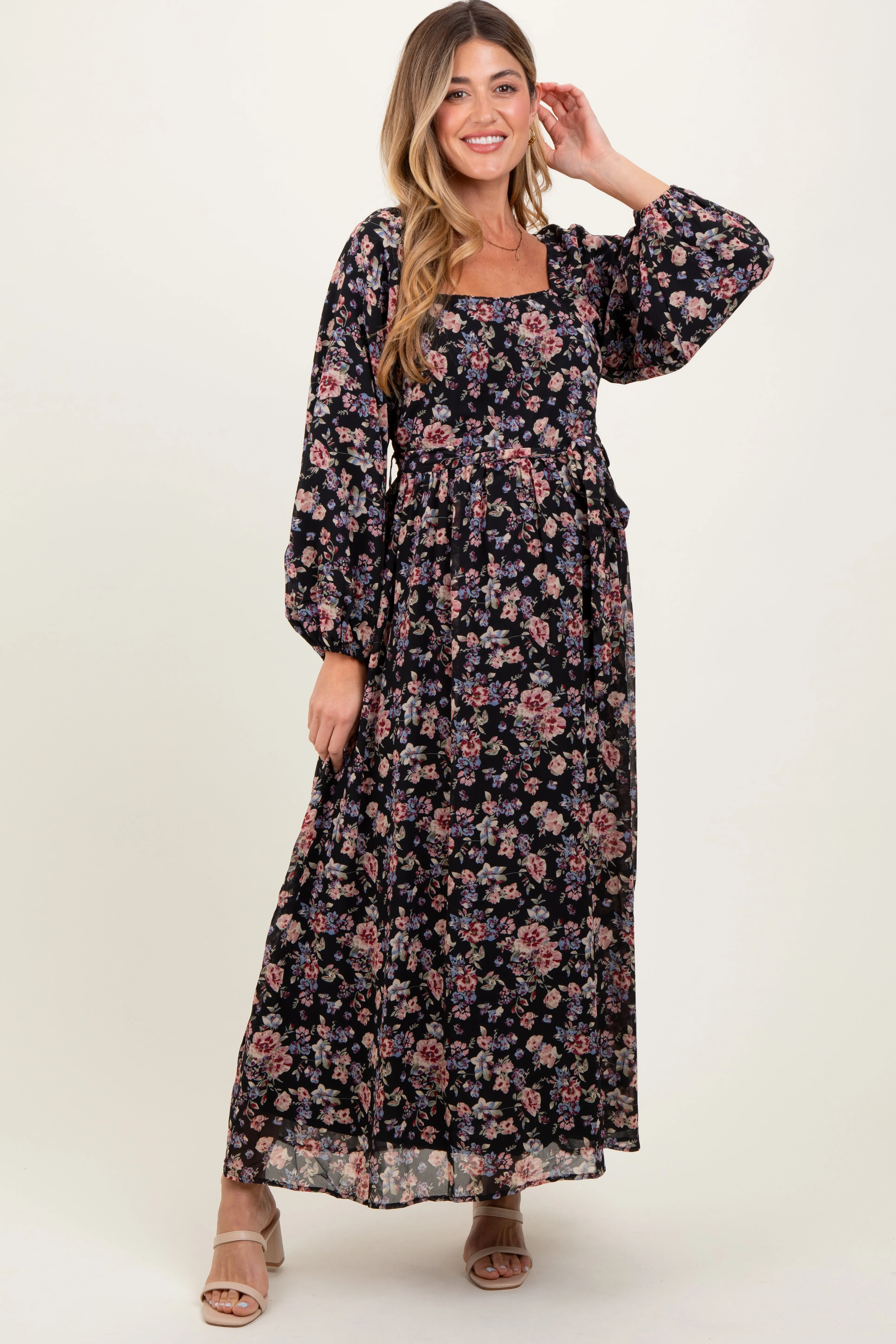 Black Floral Square Neck Front Tie Maternity Midi Dress sold by Pinkblush product image thumbnail 2