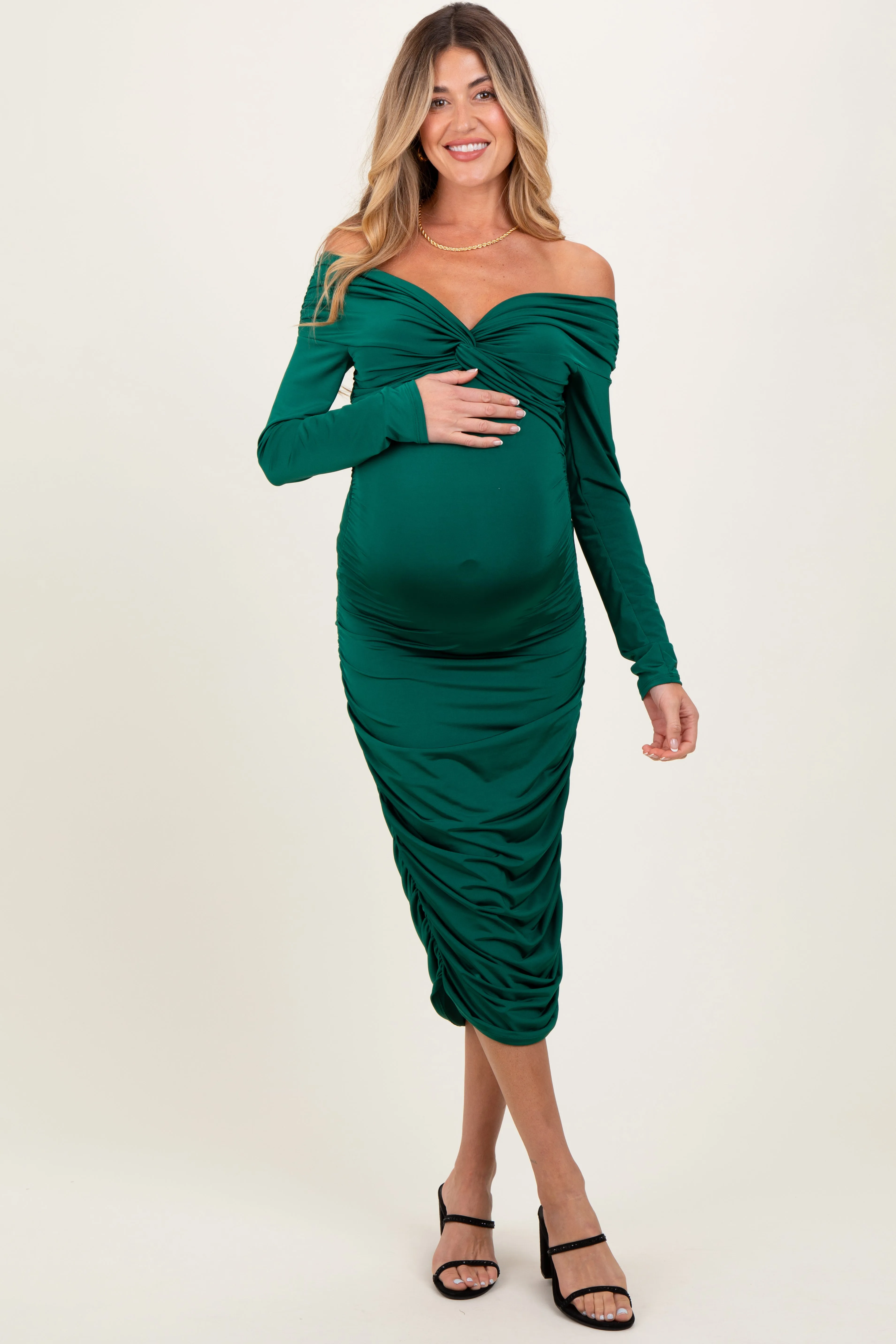 Green Off Shoulder Ruched Long Sleeve Maternity Midi Dress sold by Pinkblush