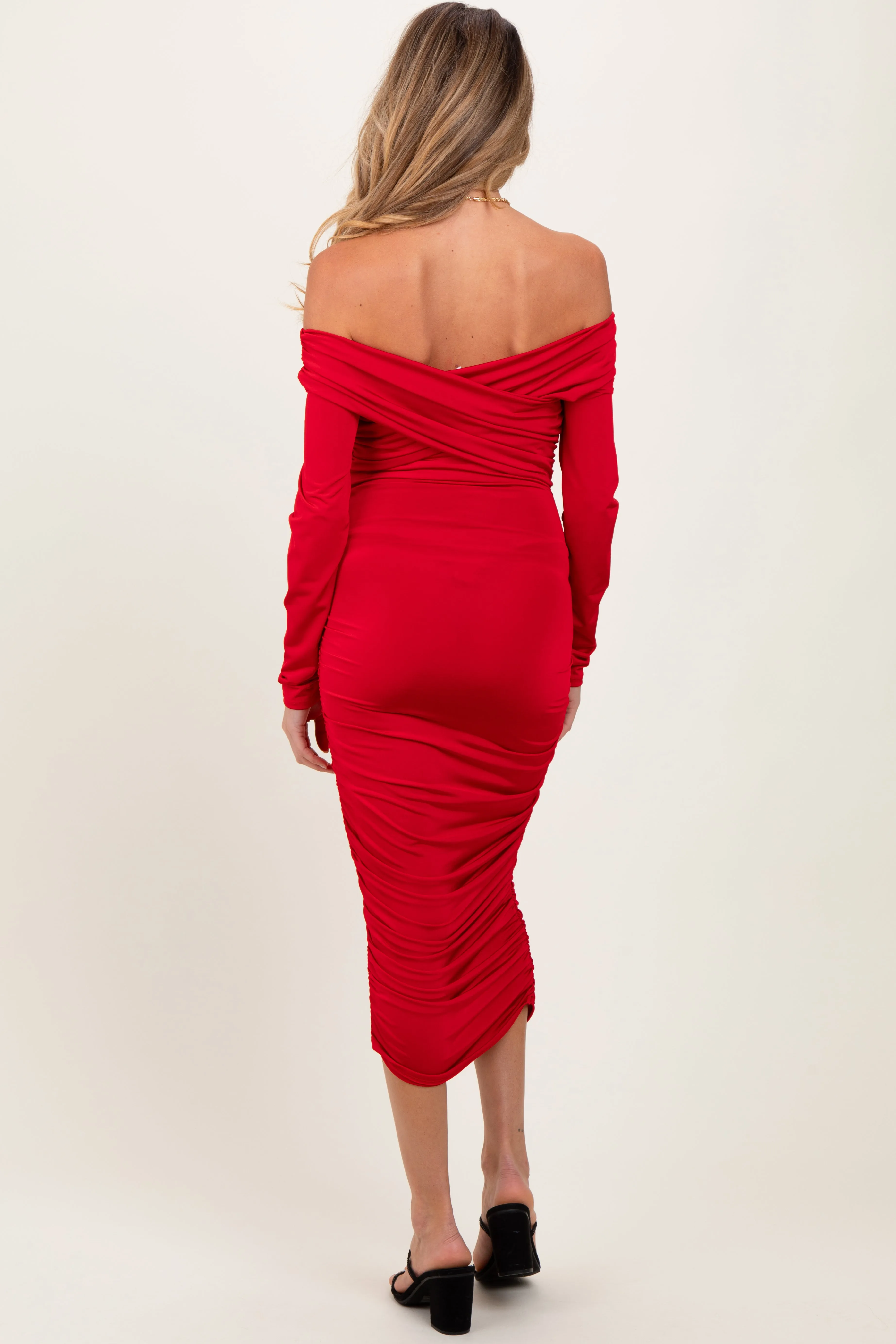 Red Off Shoulder Ruched Long Sleeve Maternity Midi Dress sold by Pinkblush product image thumbnail 2