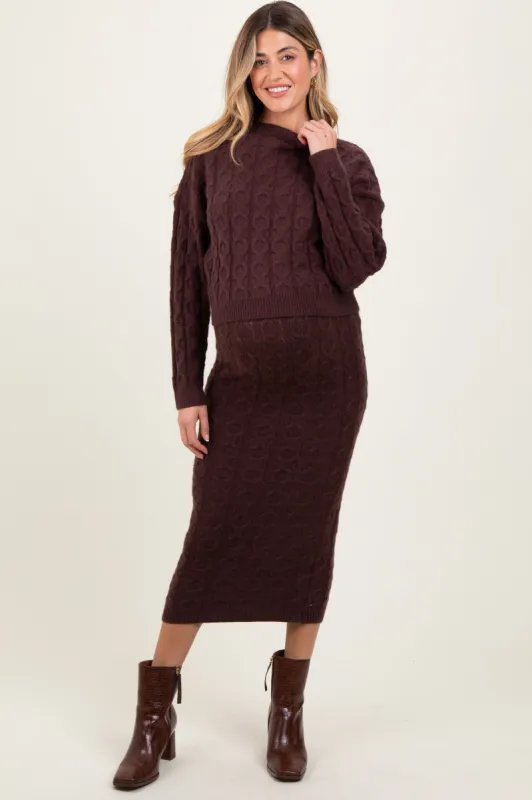 Brown Cable Knit Cropped Sweater Midi Skirt Maternity Set sold by Pinkblush