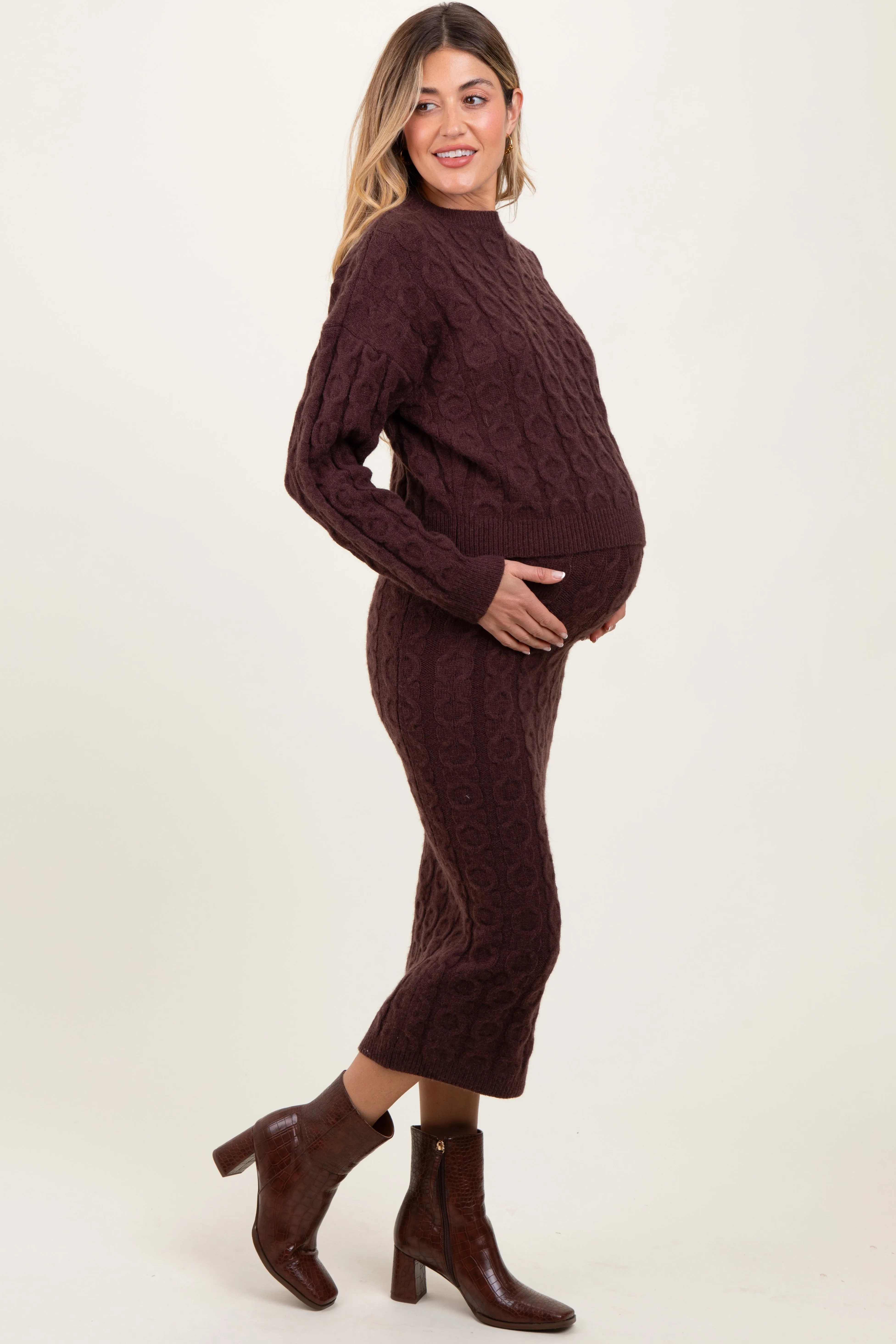 Brown Cable Knit Cropped Sweater Midi Skirt Maternity Set sold by Pinkblush product image thumbnail 2