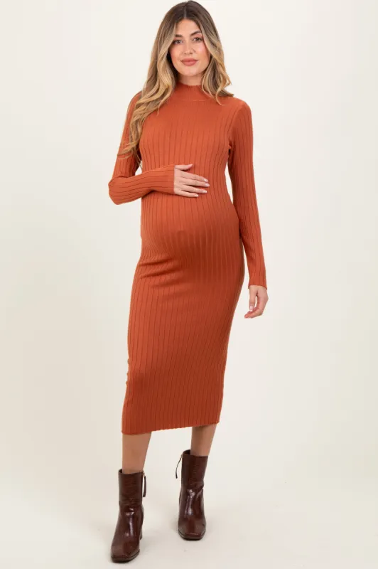 Rust Mock Neck Ribbed Maternity Sweater Dress sold by Pinkblush