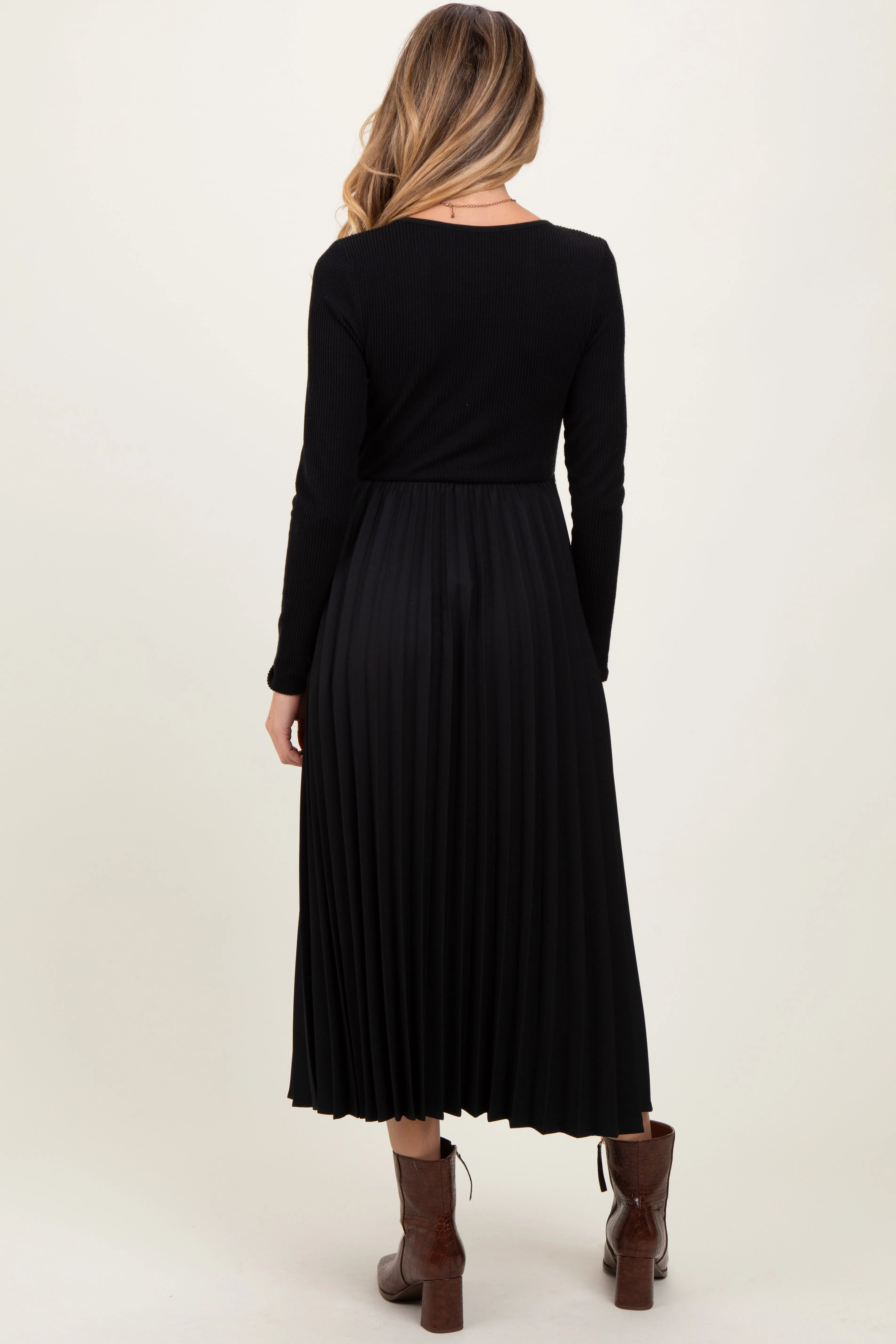 Black Knit Contrast Pleated Skirt Maternity Midi Dress sold by Pinkblush product image thumbnail 4
