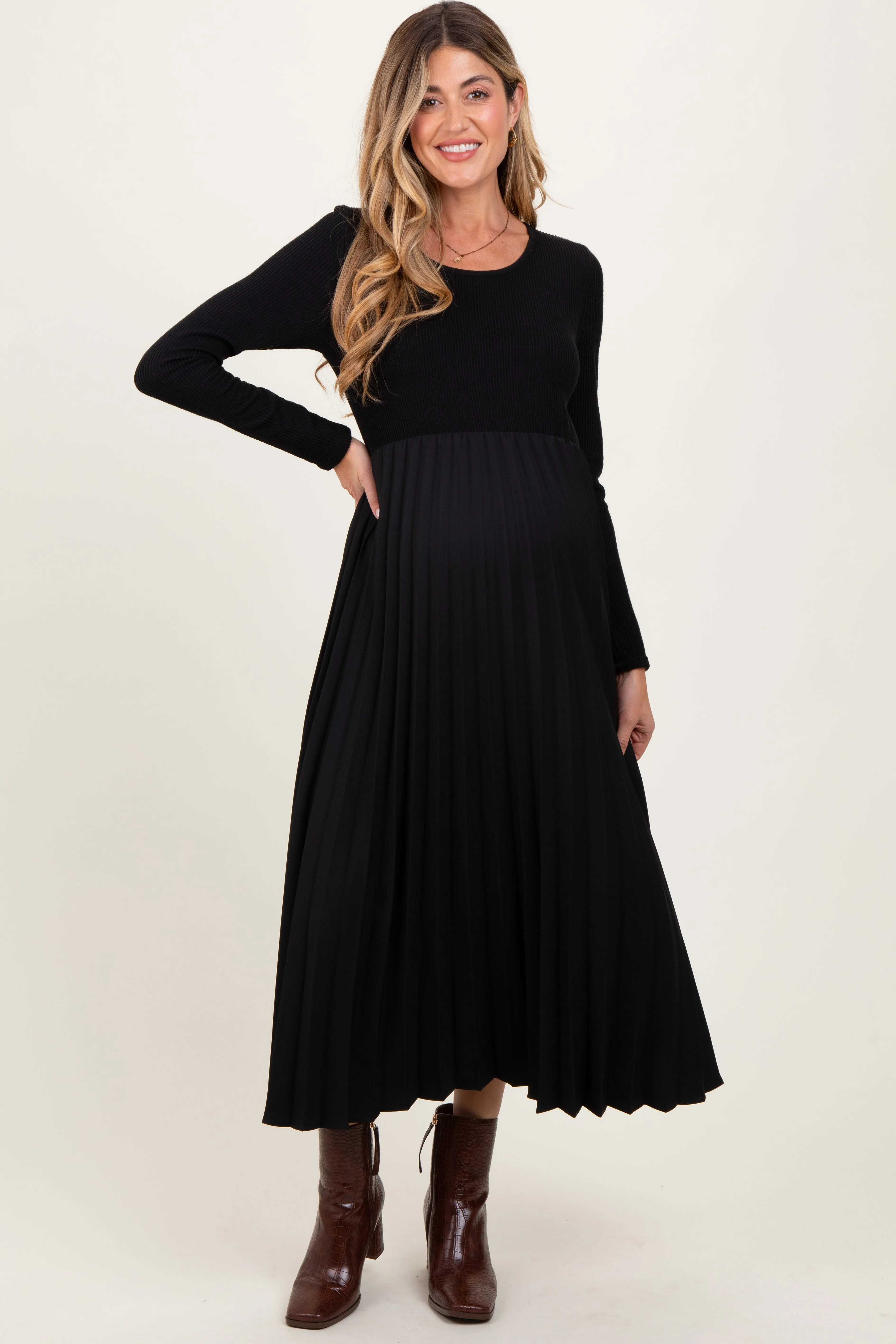 Black Knit Contrast Pleated Skirt Maternity Midi Dress sold by Pinkblush