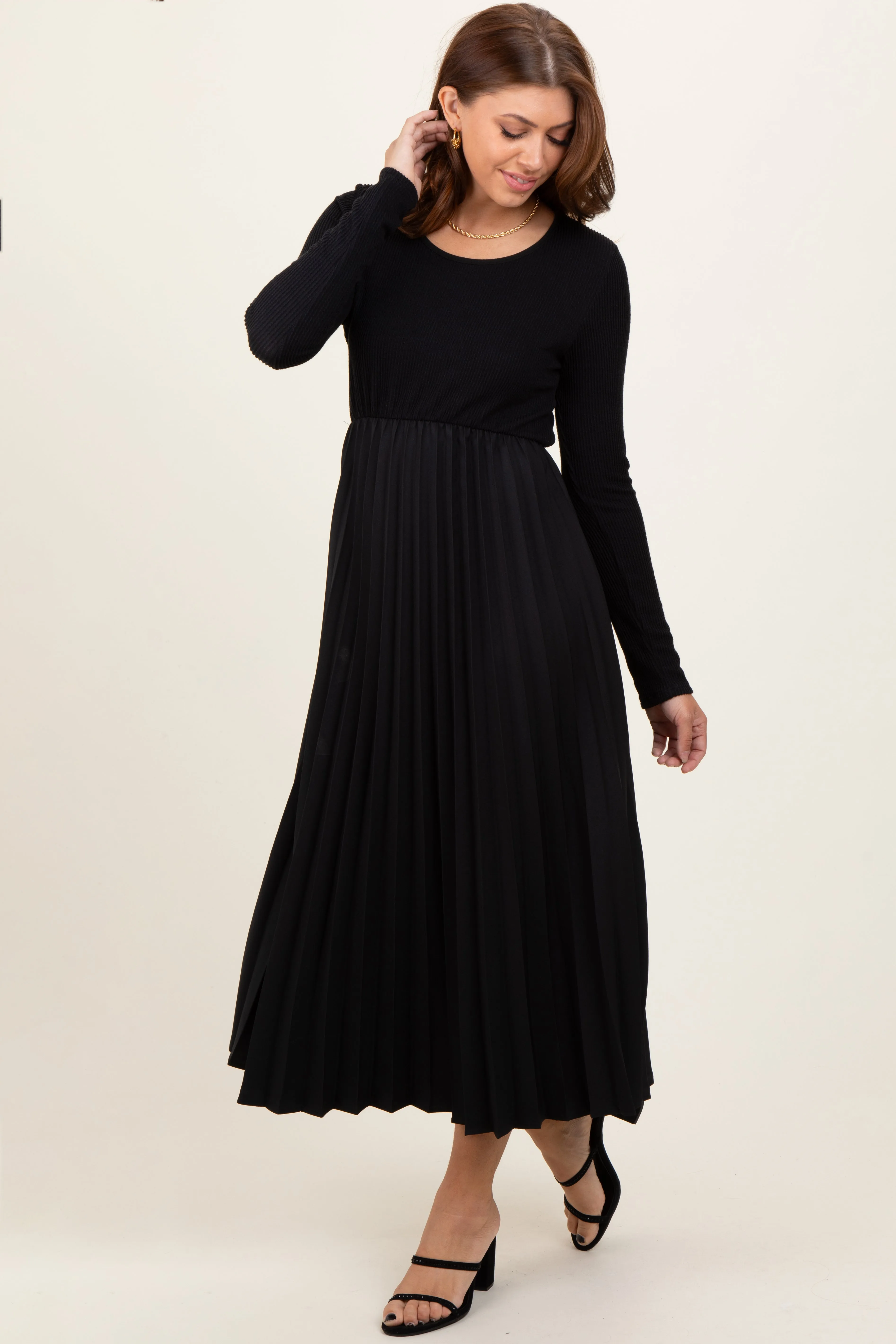 Black Knit Contrast Pleated Skirt Maternity Midi Dress sold by Pinkblush product image thumbnail 5