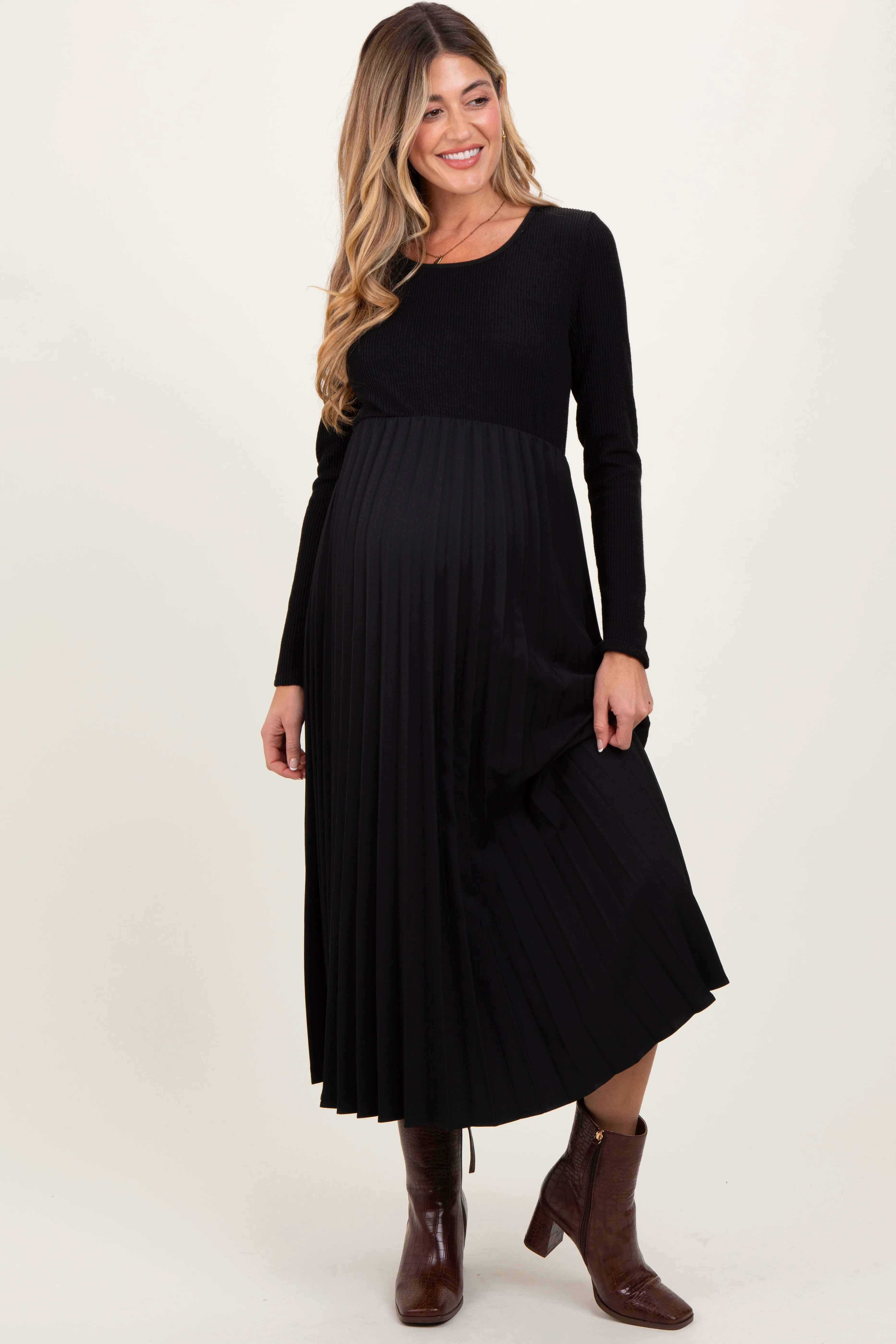Black Knit Contrast Pleated Skirt Maternity Midi Dress sold by Pinkblush product image thumbnail 2