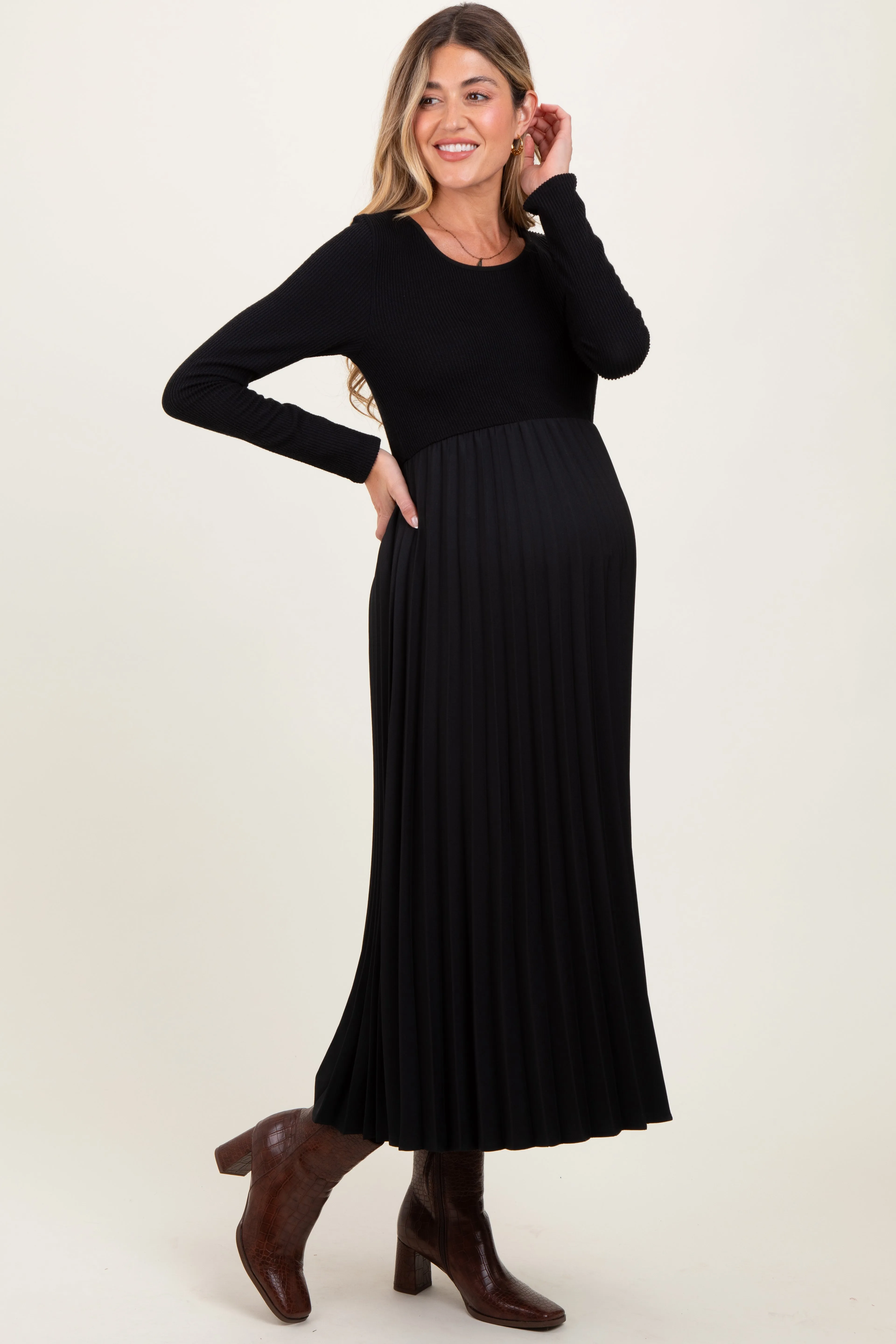Black Knit Contrast Pleated Skirt Maternity Midi Dress sold by Pinkblush product image thumbnail 3