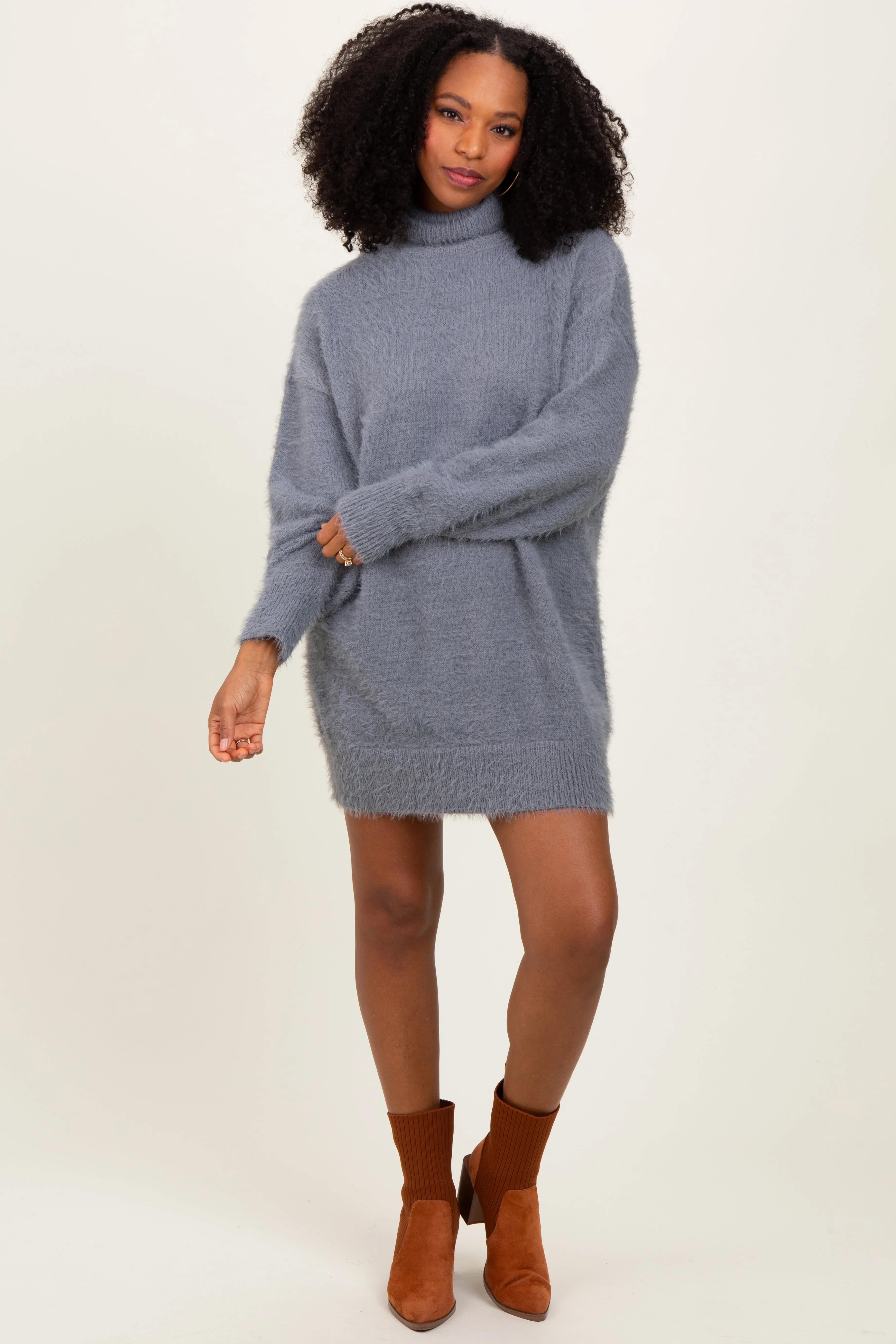 Cream Fuzzy Knit Turtleneck Maternity Sweater Mini Dress sold by Pinkblush product image thumbnail 4