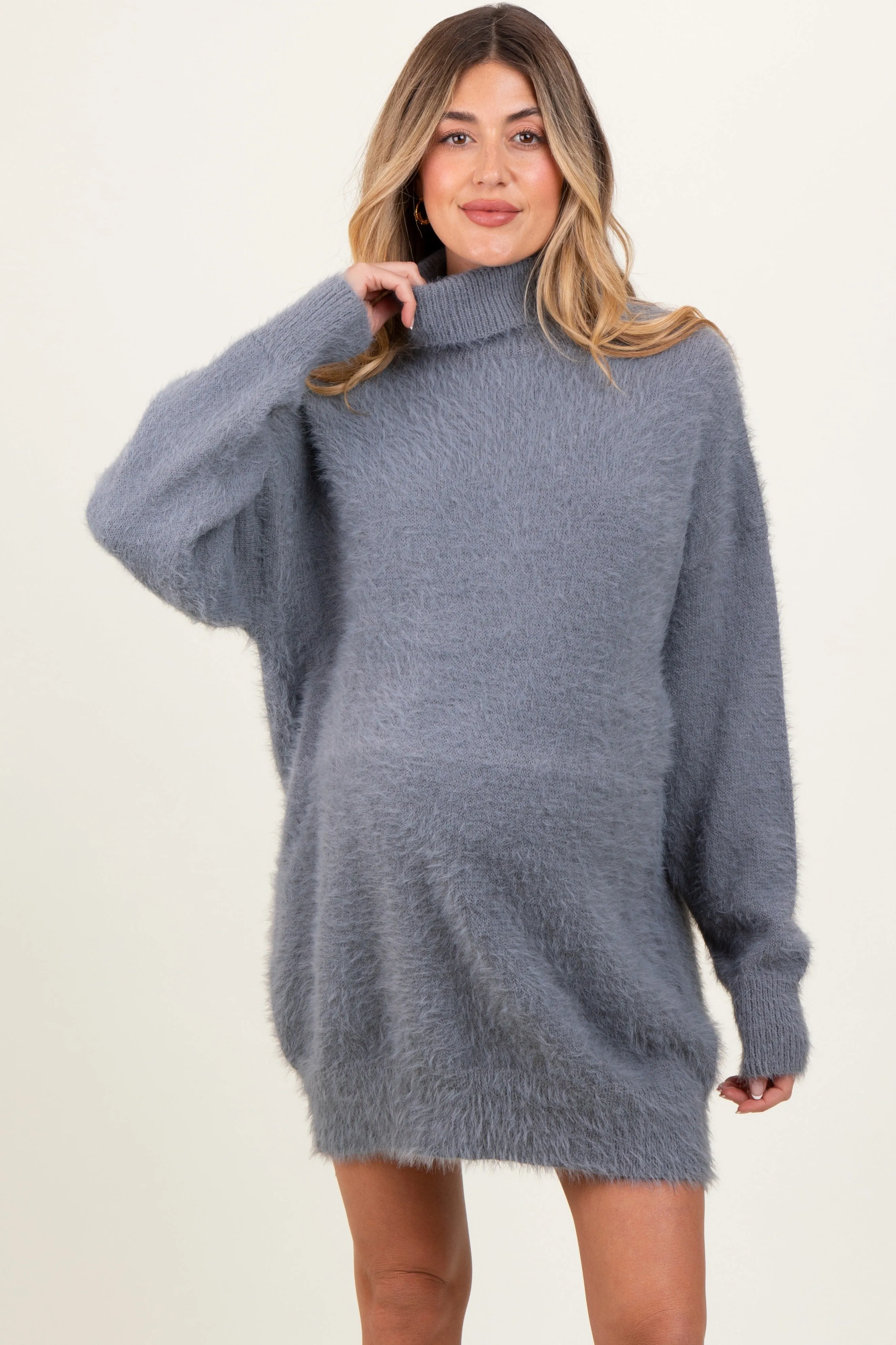 Cream Fuzzy Knit Turtleneck Maternity Sweater Mini Dress sold by Pinkblush product image thumbnail 2