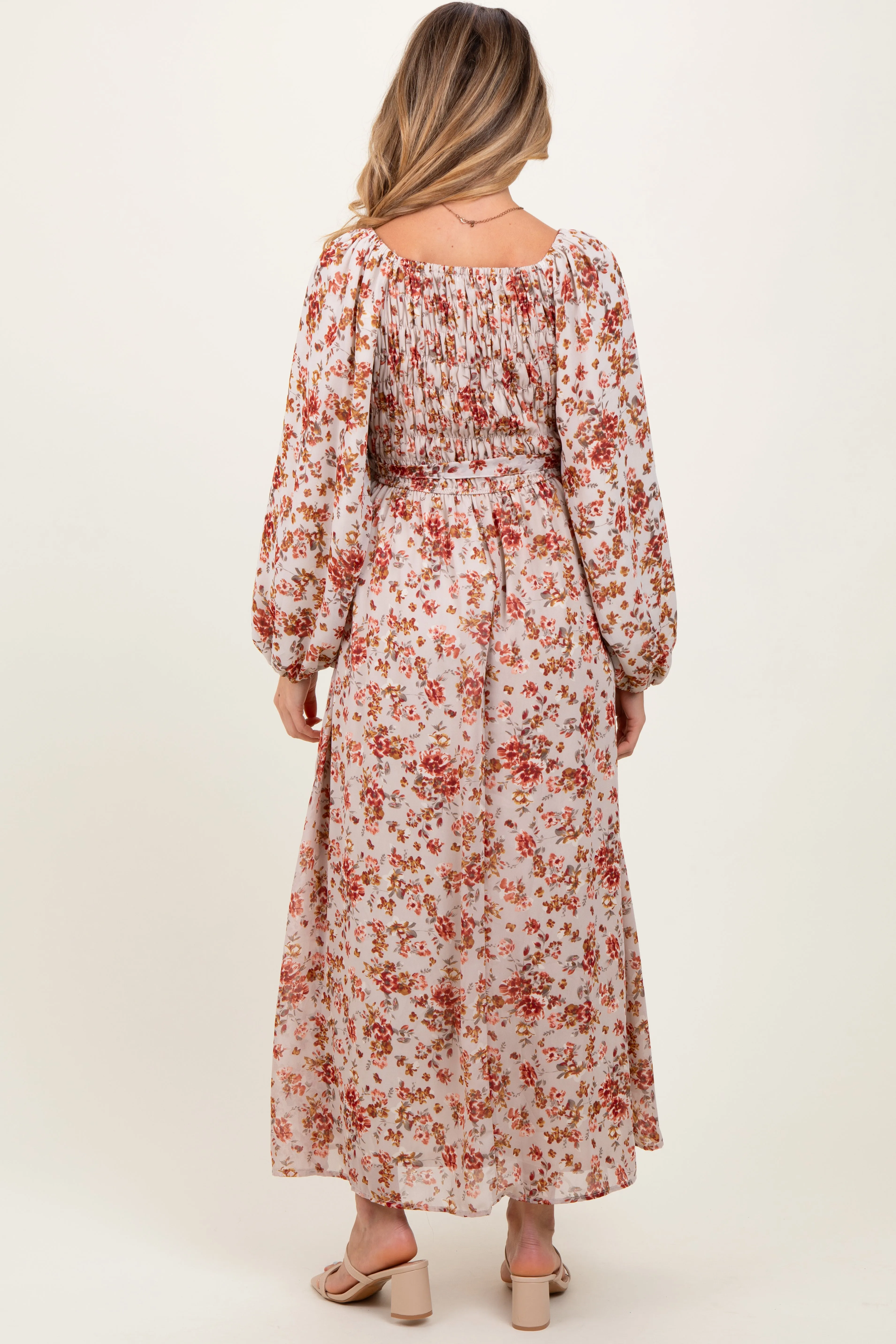 Cream Floral Square Neck Front Tie Maternity Midi Dress sold by Pinkblush product image thumbnail 3