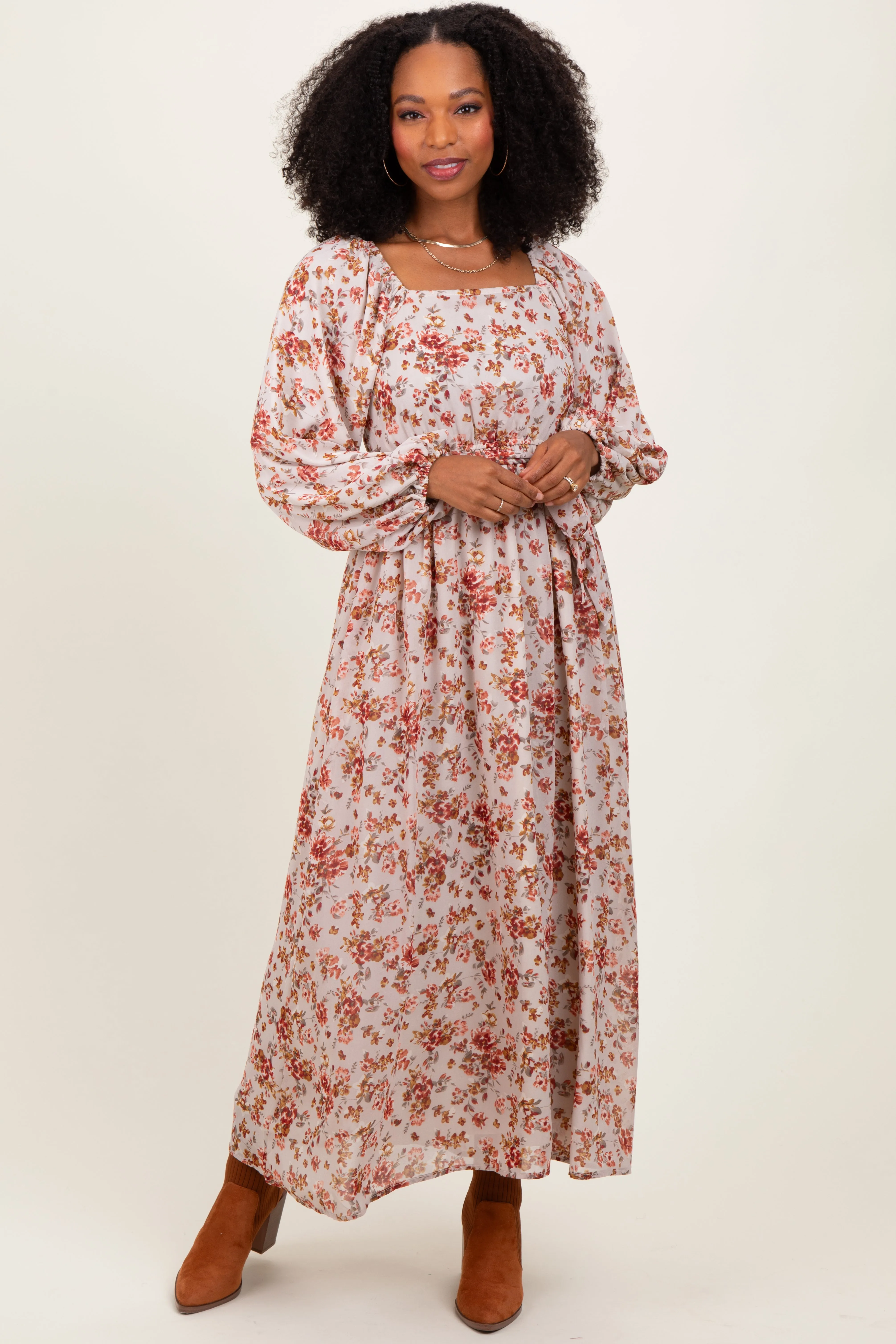 Cream Floral Square Neck Front Tie Maternity Midi Dress sold by Pinkblush product image thumbnail 4