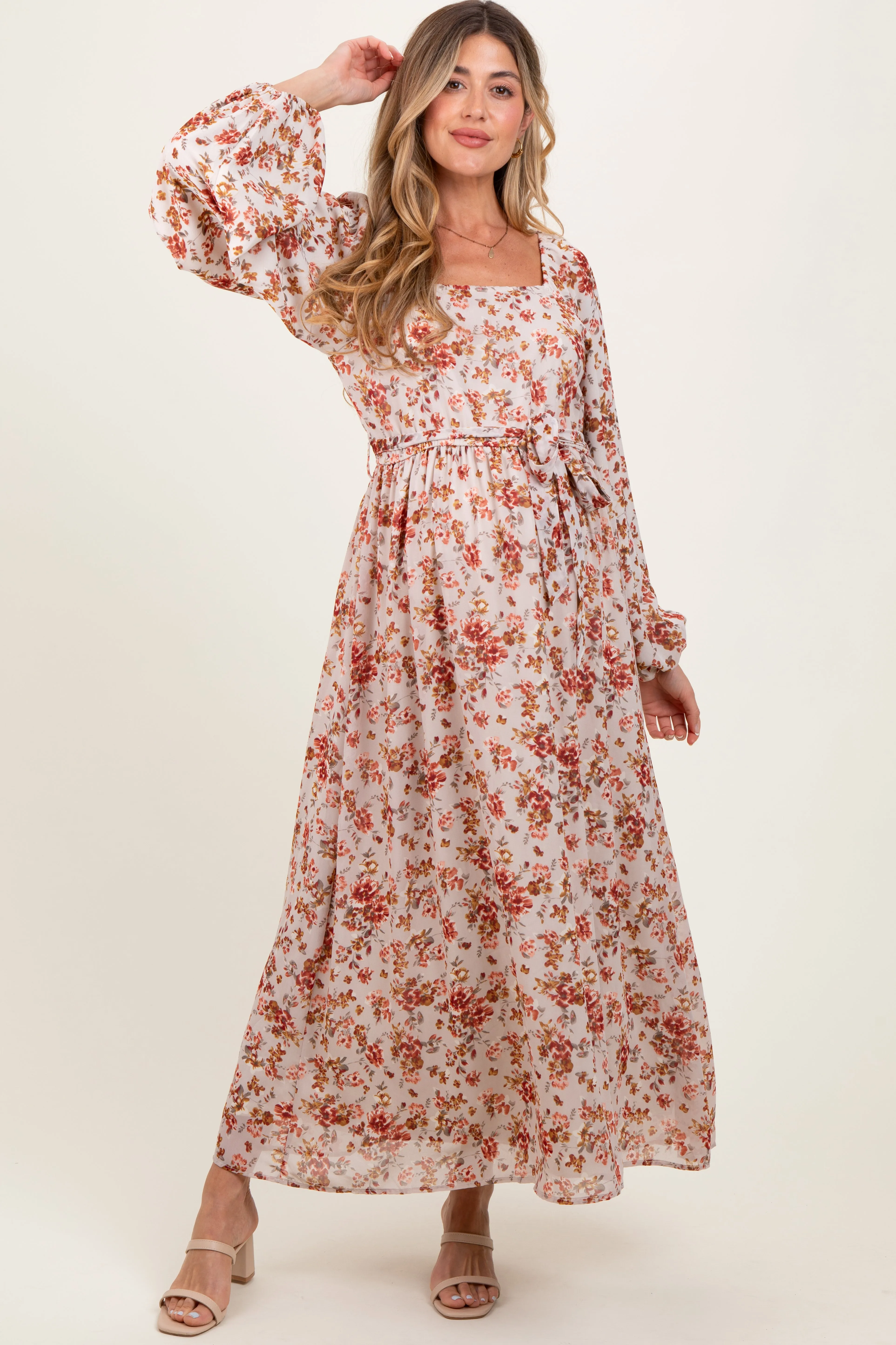 Cream Floral Square Neck Front Tie Maternity Midi Dress sold by Pinkblush