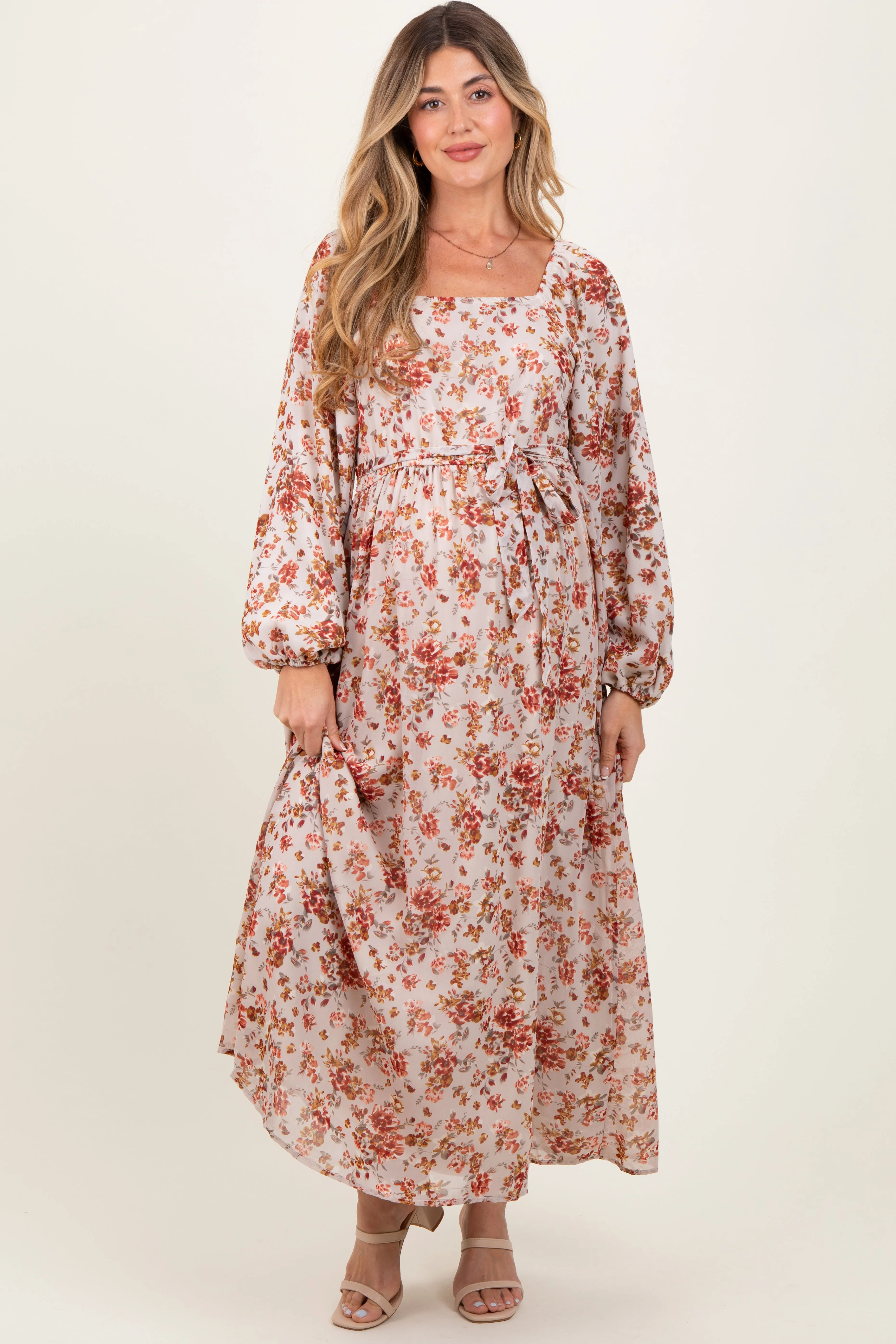Cream Floral Square Neck Front Tie Maternity Midi Dress sold by Pinkblush product image thumbnail 2