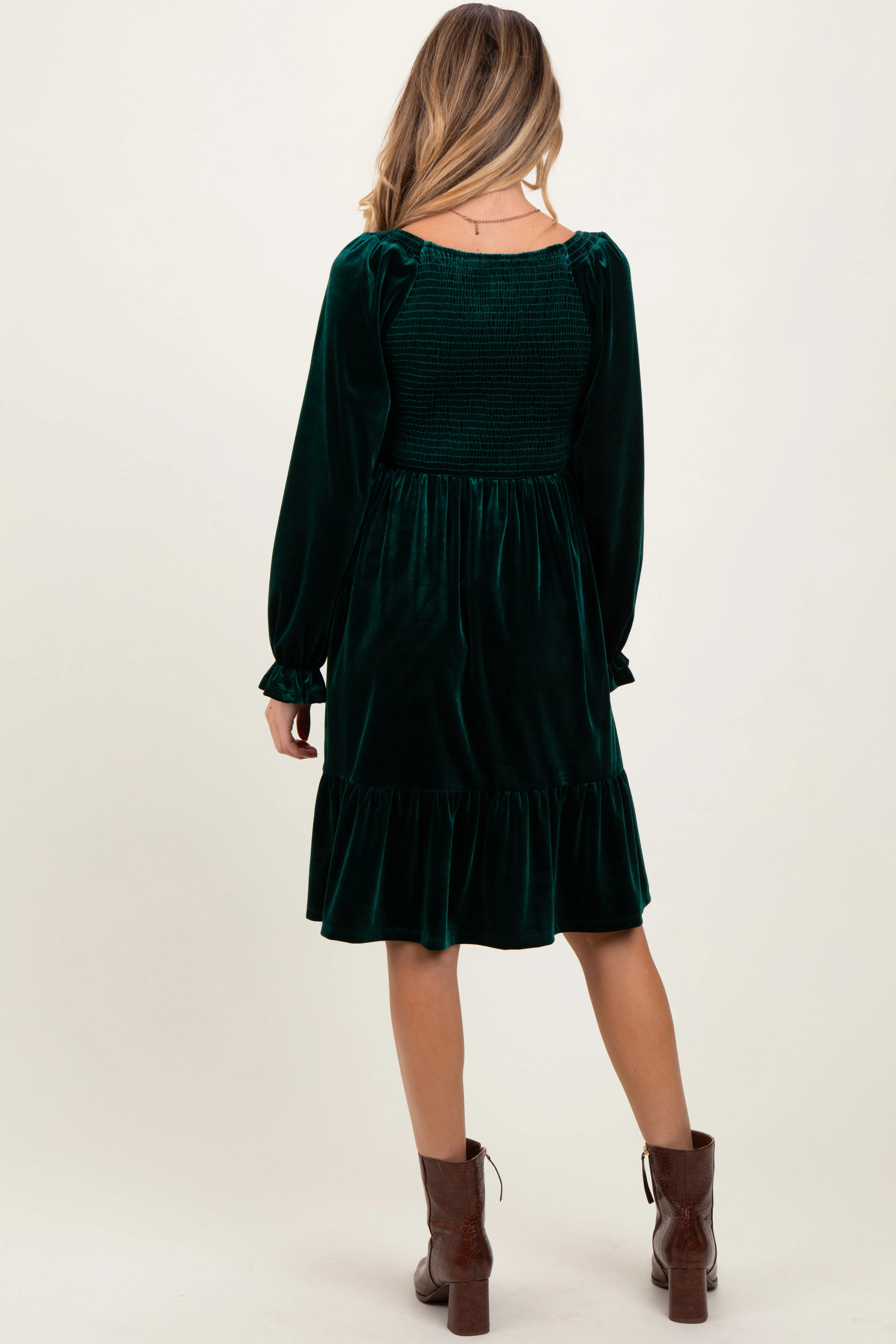 Forest Green Velvet Smocked Maternity Long Sleeve Dress sold by Pinkblush product image thumbnail 4