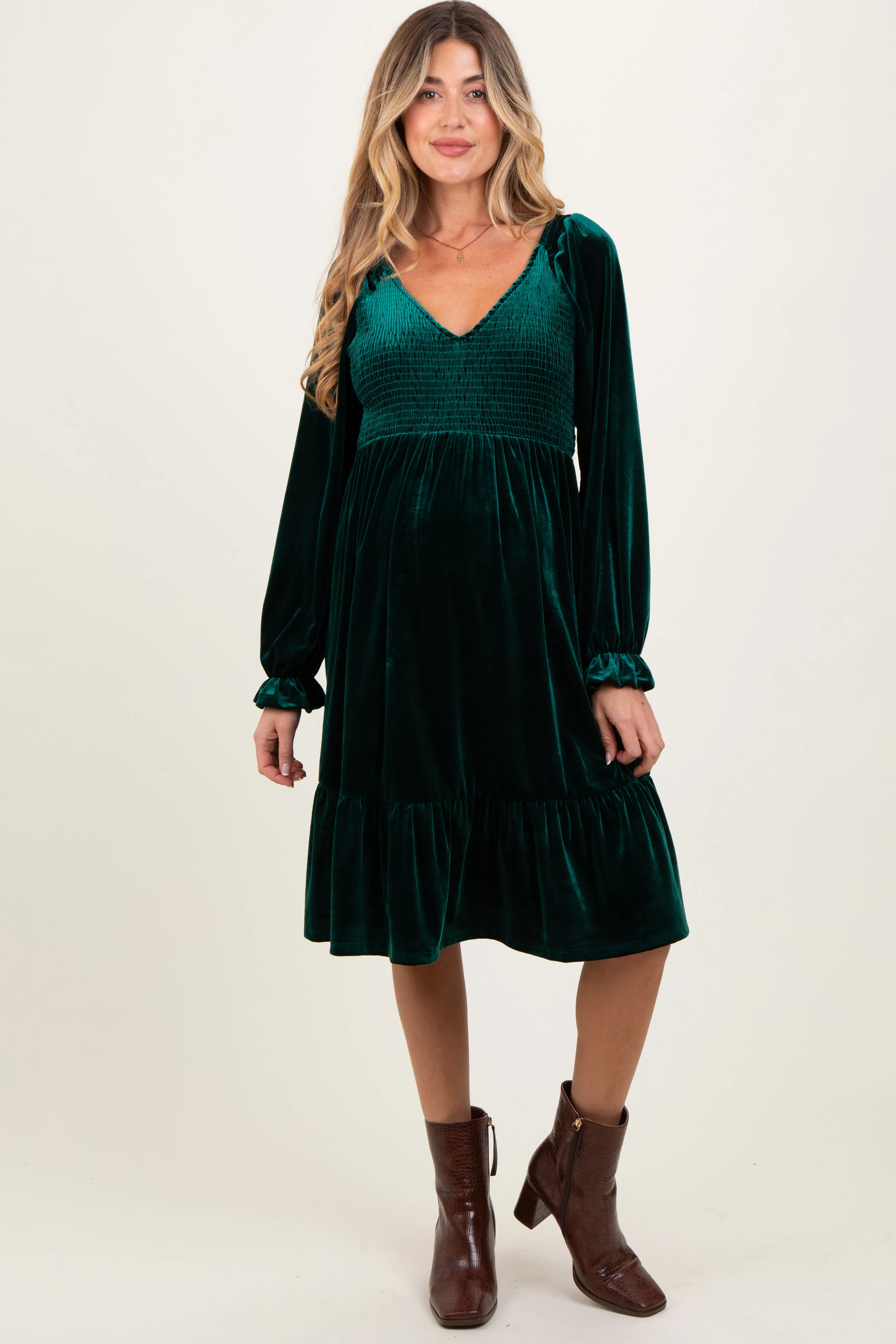 Forest Green Velvet Smocked Maternity Long Sleeve Dress sold by Pinkblush product image thumbnail 2