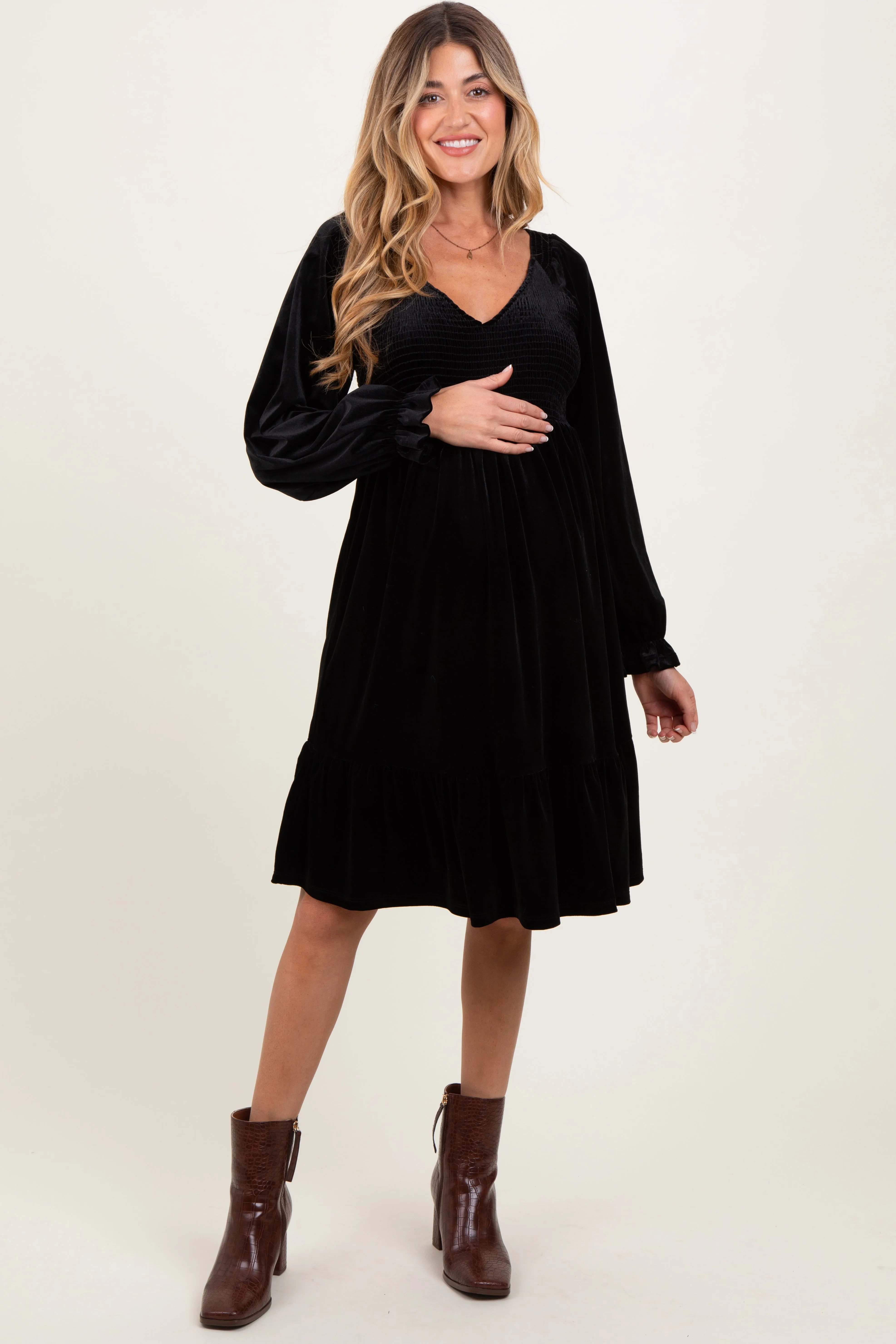Black Velvet Smocked Maternity Long Sleeve Dress sold by Pinkblush