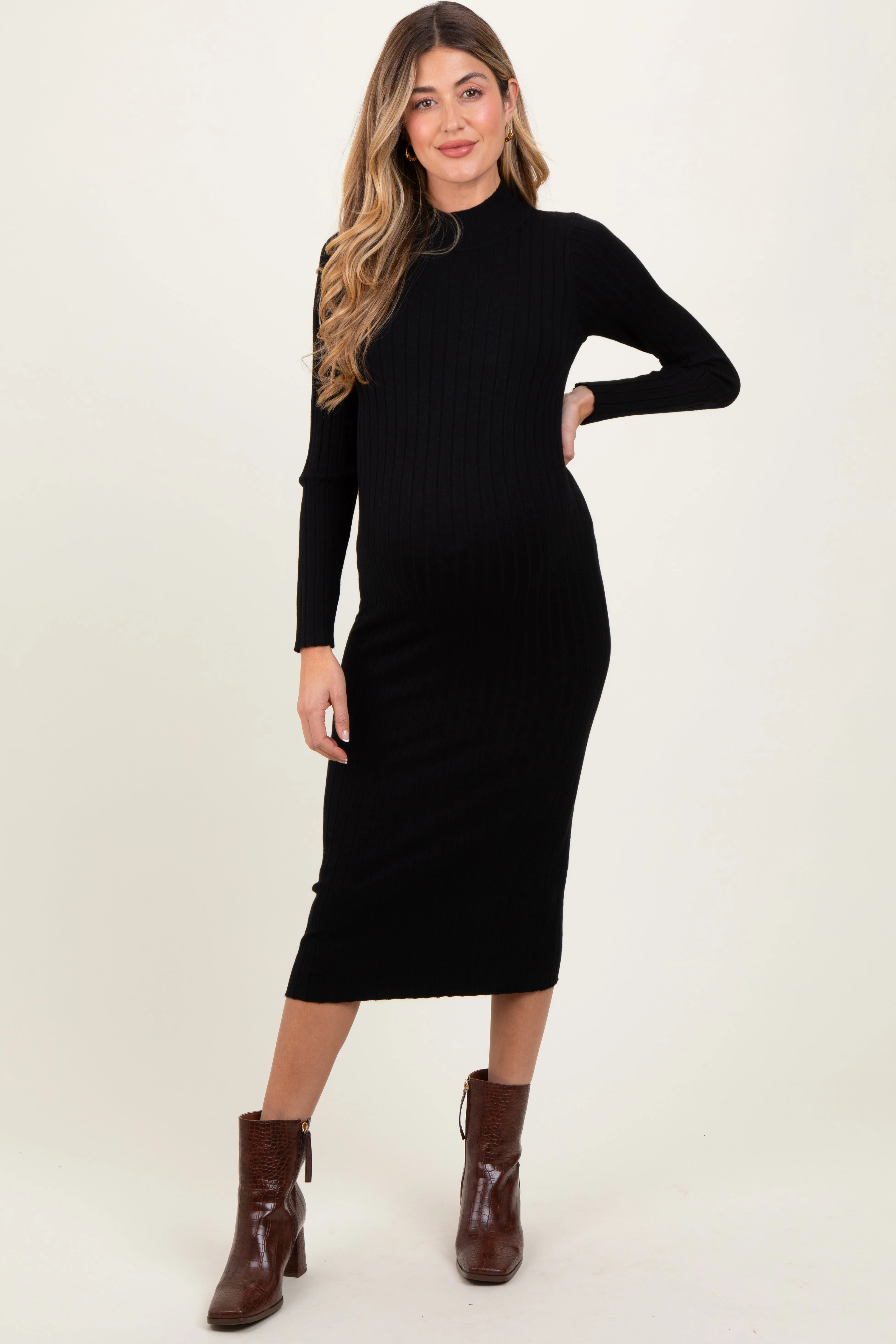 Black Mock Neck Ribbed Maternity Sweater Dress sold by Pinkblush