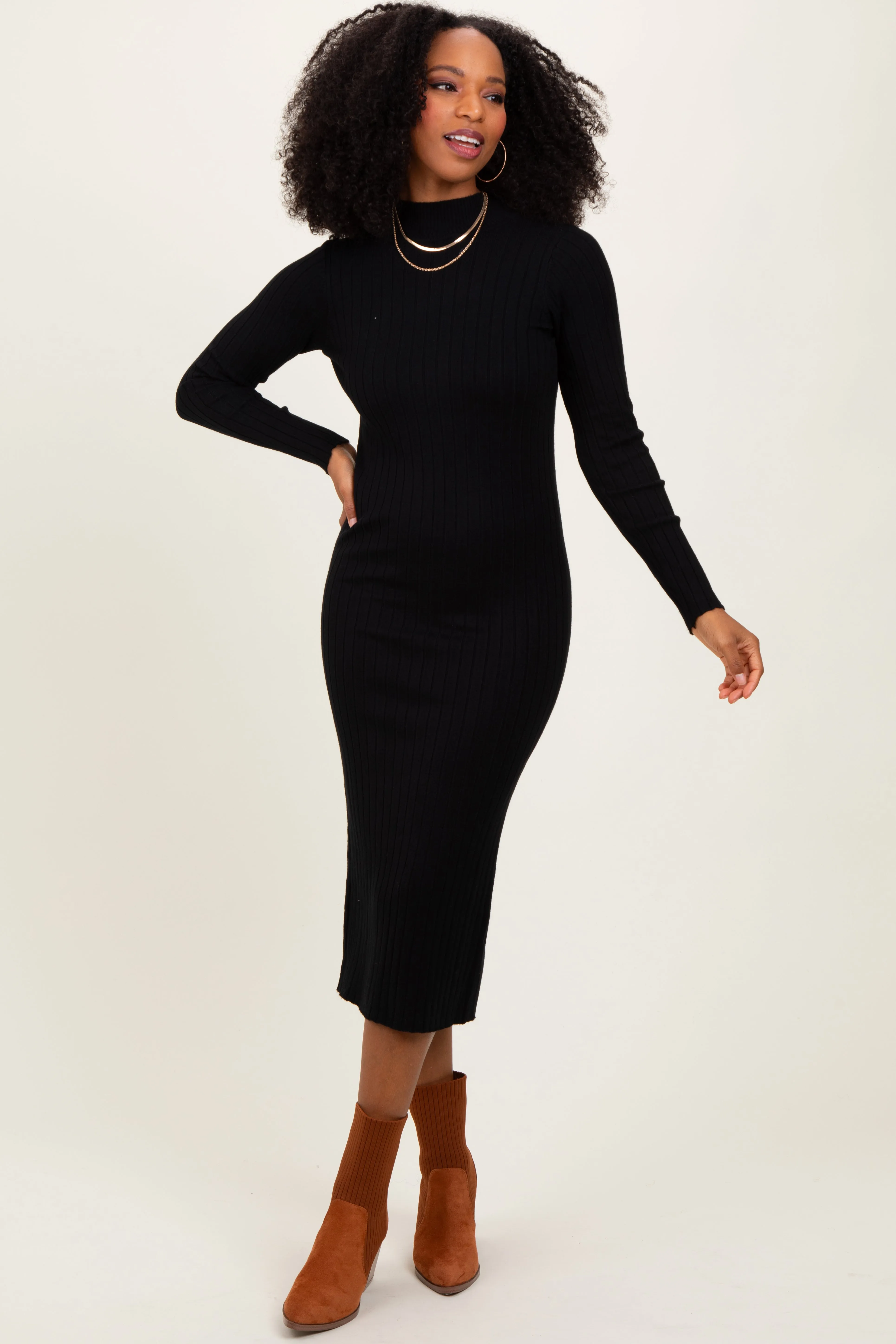 Black Mock Neck Ribbed Maternity Sweater Dress sold by Pinkblush product image thumbnail 4