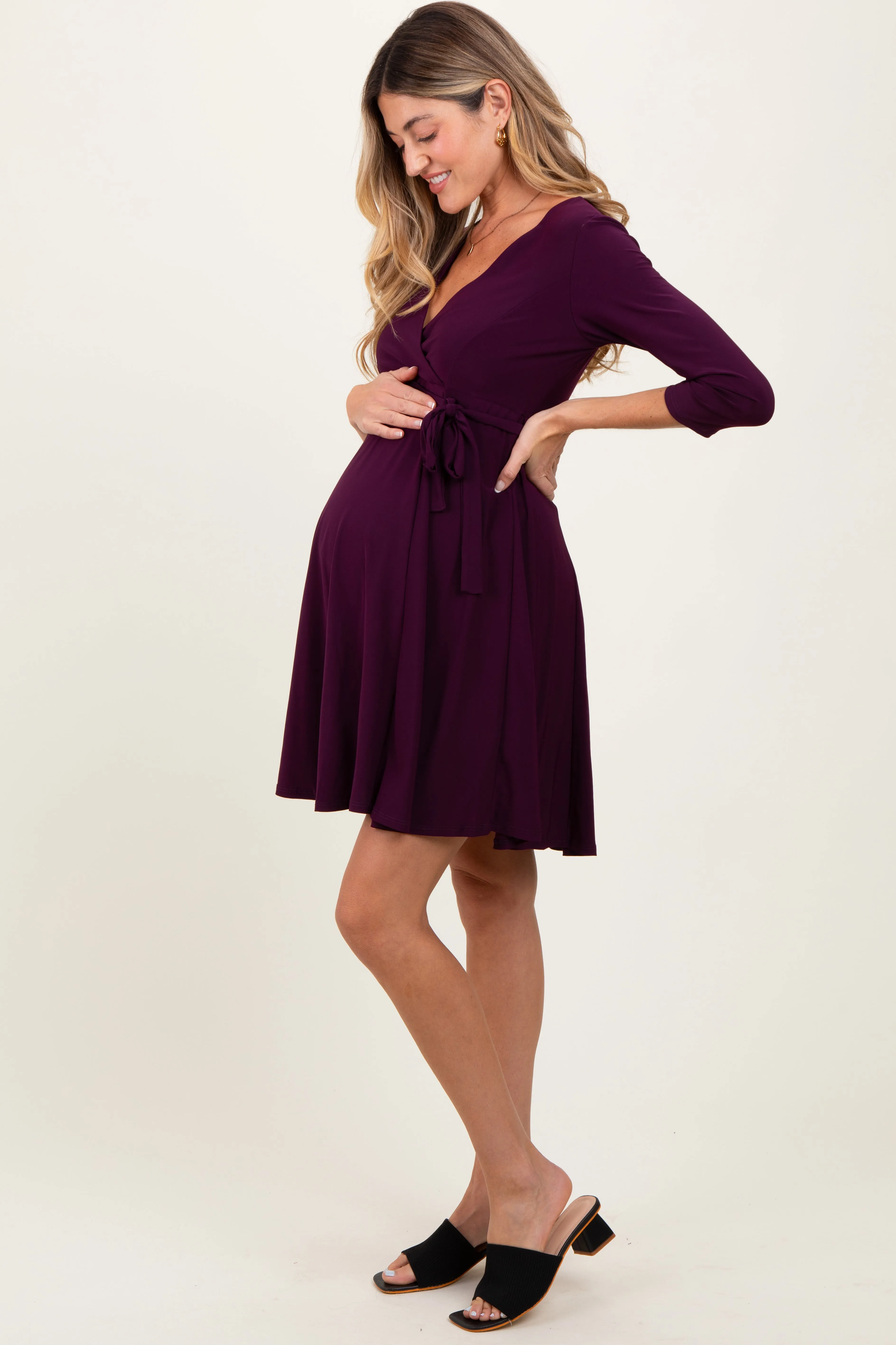 Purple 3/4 Sleeve Maternity/Nursing Sash Tie Wrap Dress sold by Pinkblush product image thumbnail 3