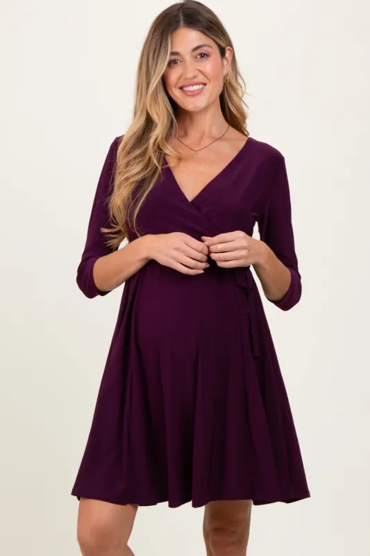 Purple 3/4 Sleeve Maternity/Nursing Sash Tie Wrap Dress sold by Pinkblush