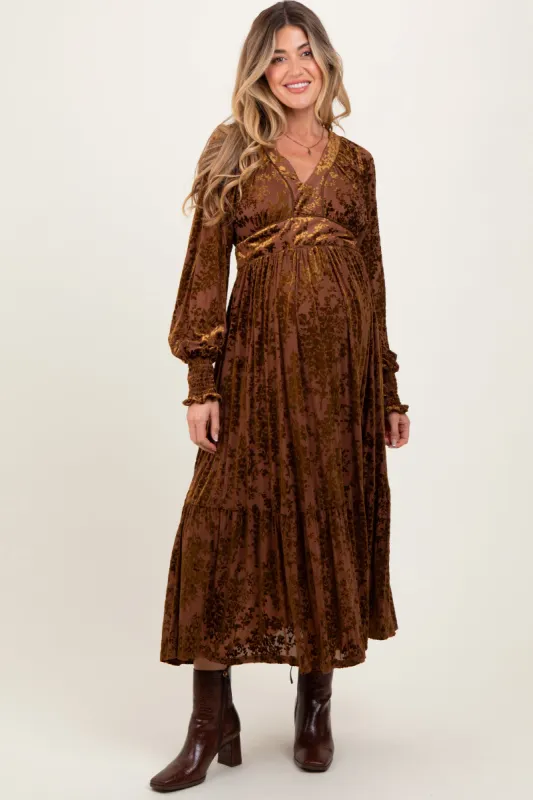 Mocha Floral Velvet Overlay Maternity Maxi Dress sold by Pinkblush
