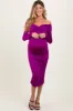 Purple Off Shoulder Ruched Long Sleeve Maternity Midi Dress sold by Pinkblush