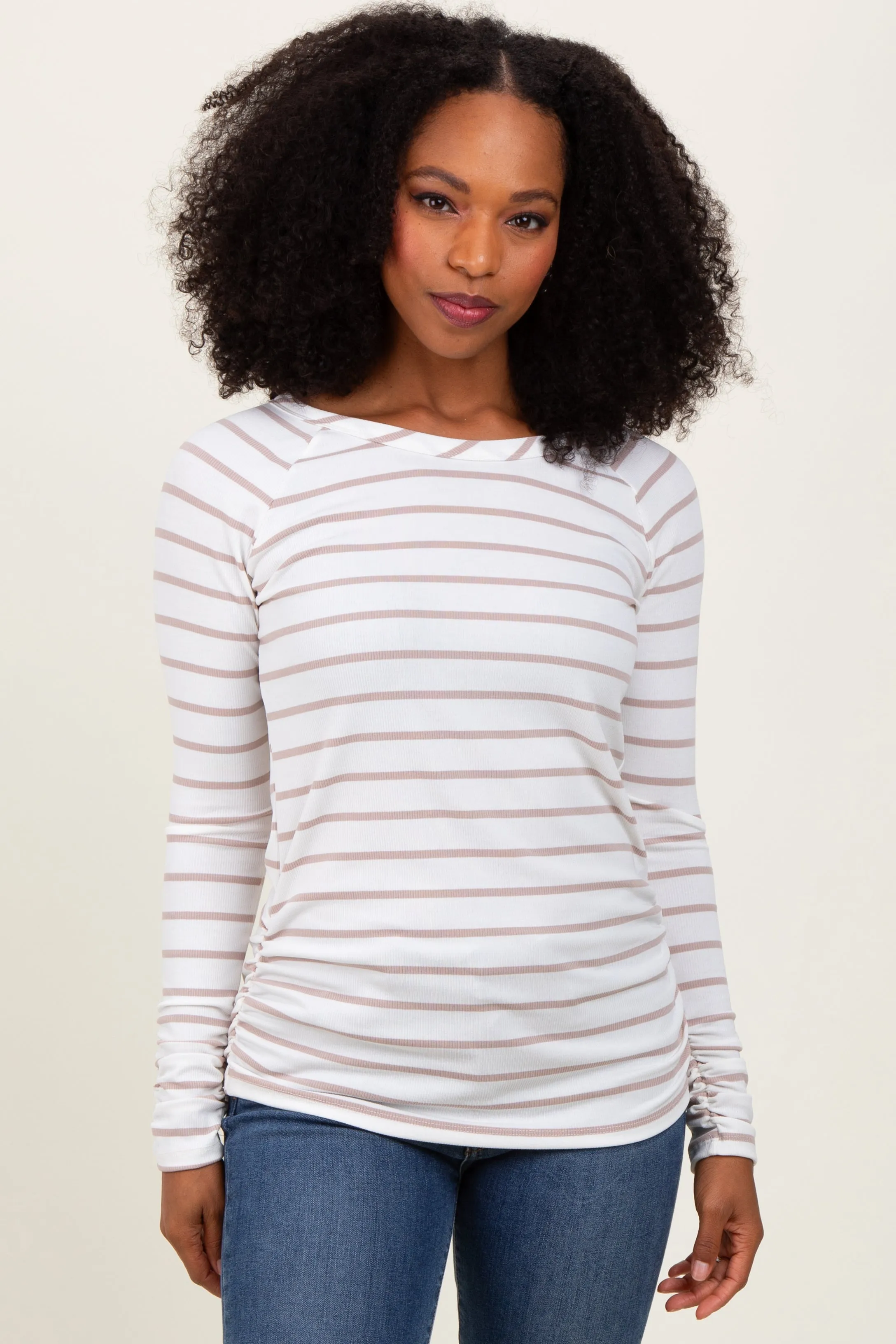 White Striped Ruched Side Maternity Long Sleeve Top sold by Pinkblush product image thumbnail 5