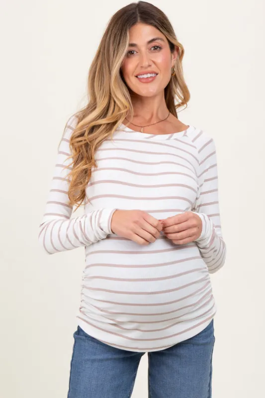 White Striped Ruched Side Maternity Long Sleeve Top sold by Pinkblush