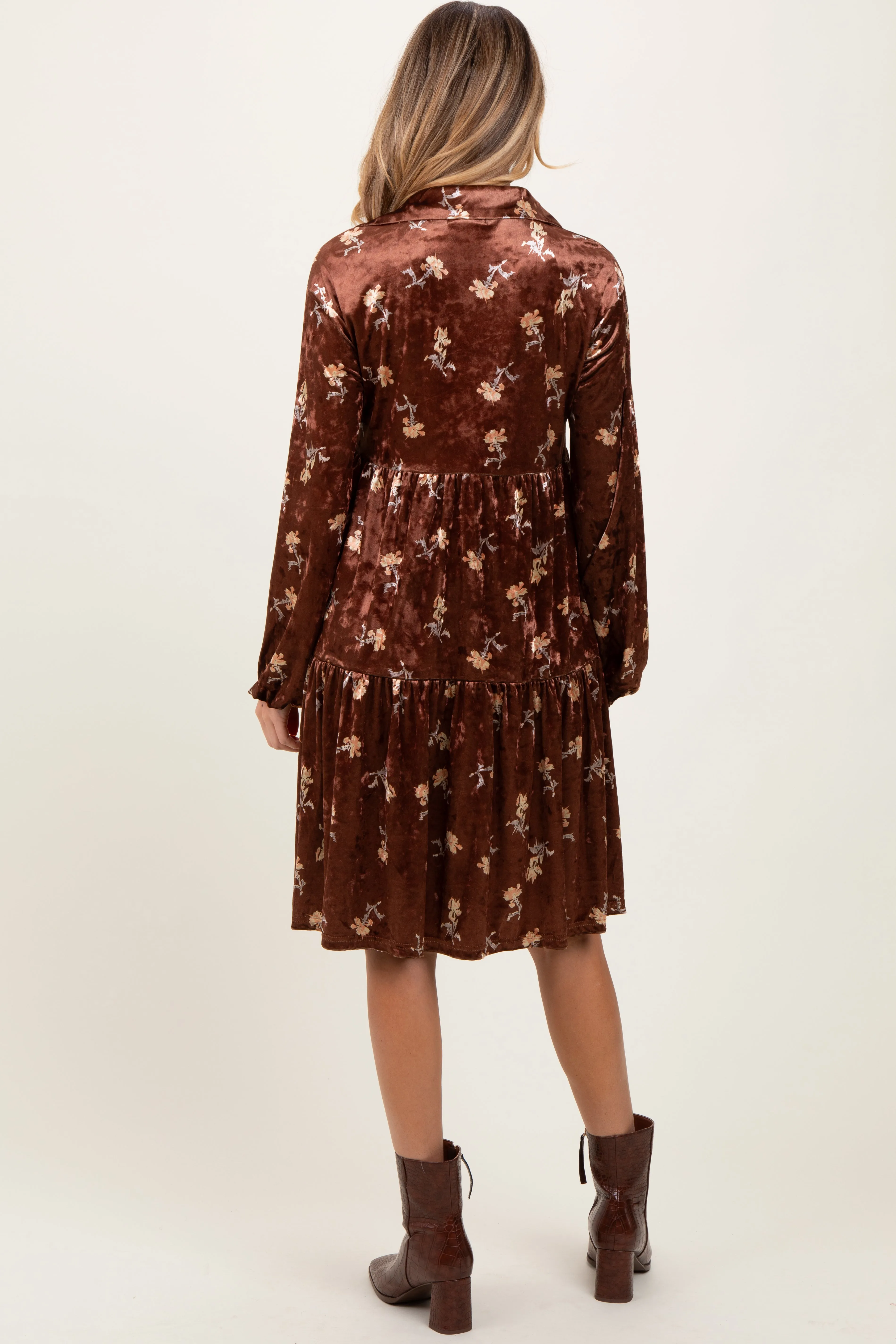 Brown Floral Velvet Button Down Maternity Midi Dress sold by Pinkblush product image thumbnail 4