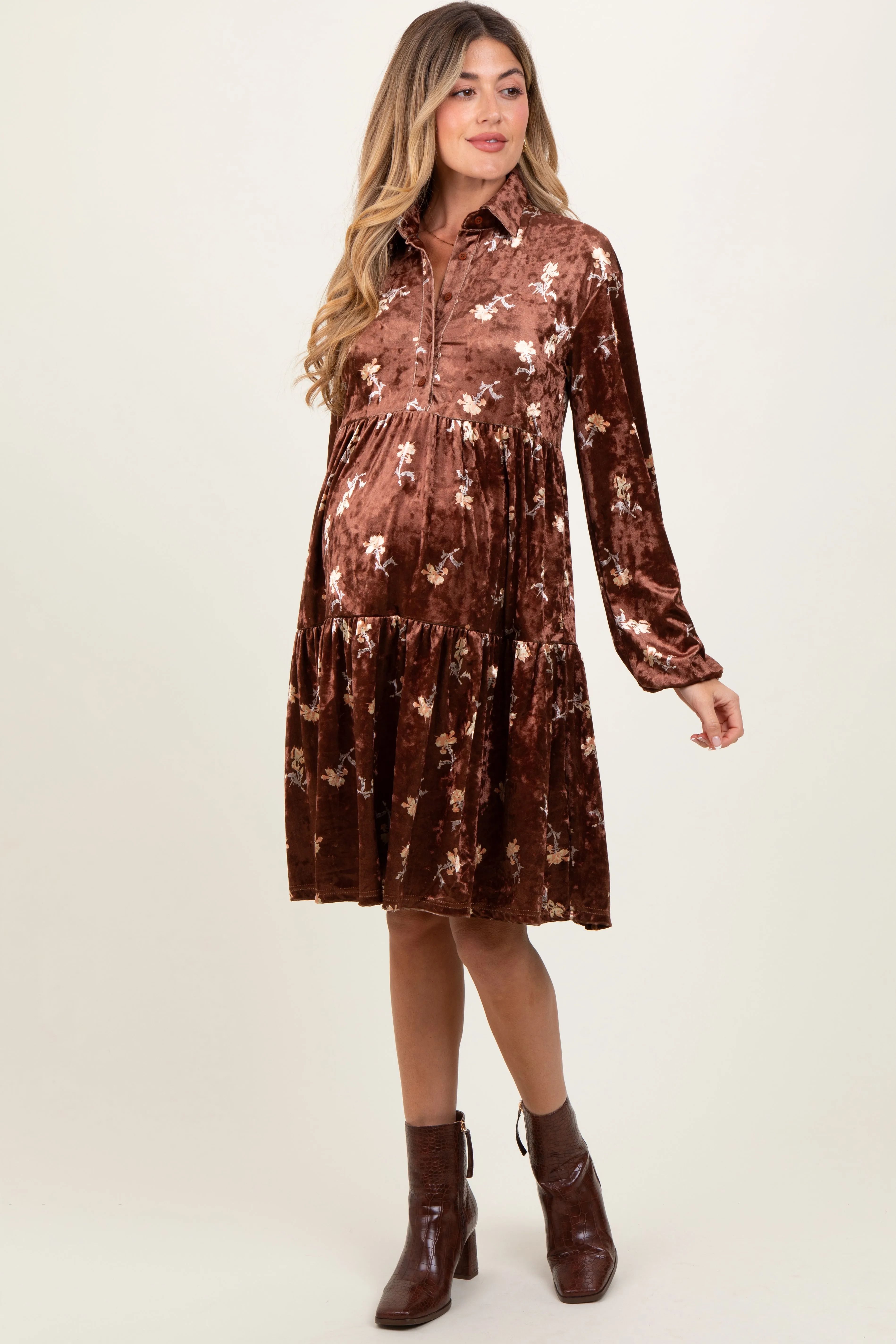 Brown Floral Velvet Button Down Maternity Midi Dress sold by Pinkblush product image thumbnail 2