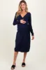 Navy Blue Knit Long Sleeve Wrap Maternity Midi Dress sold by Pinkblush